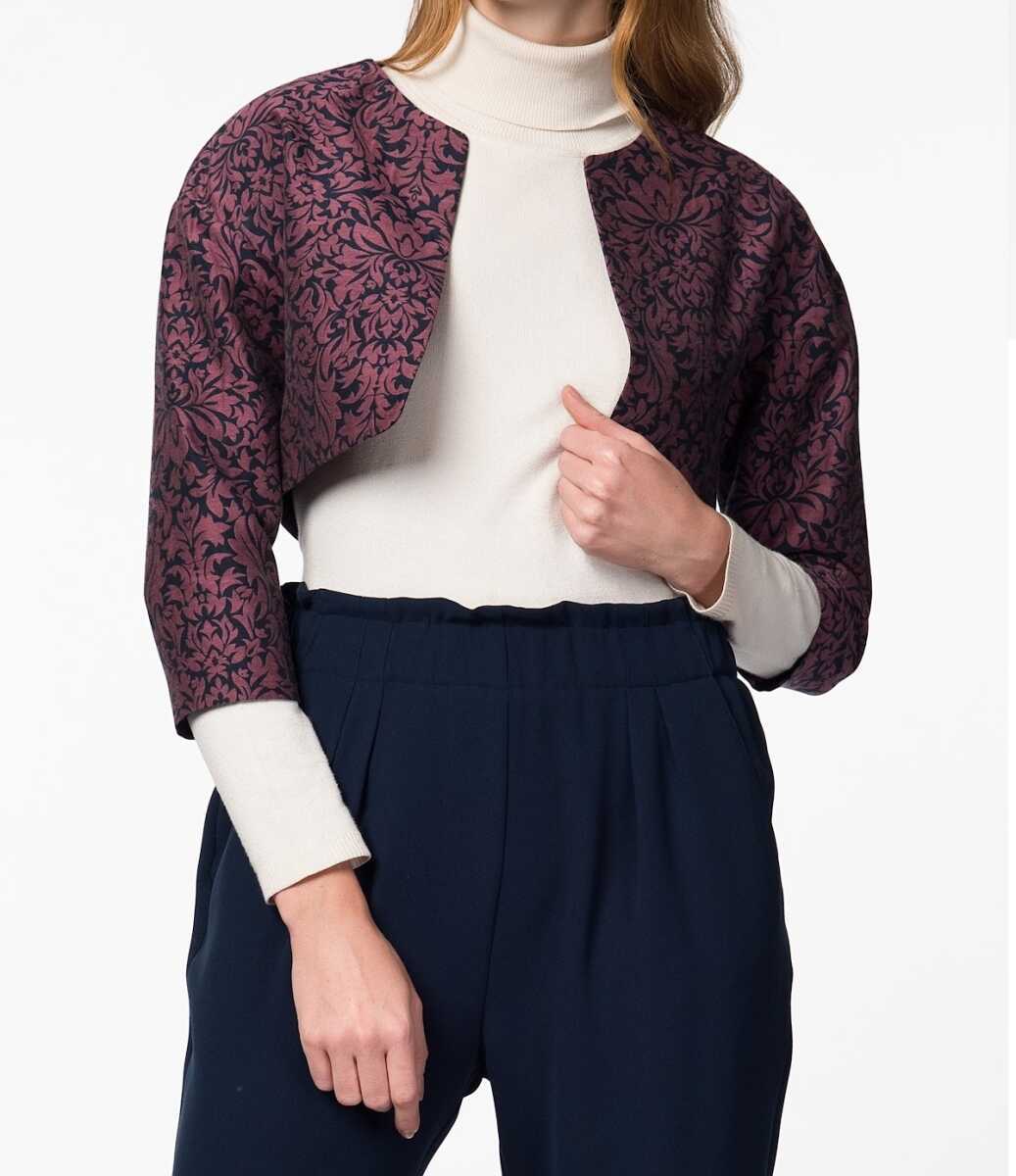 Desenli Crop  Kadın Ceket Bordo