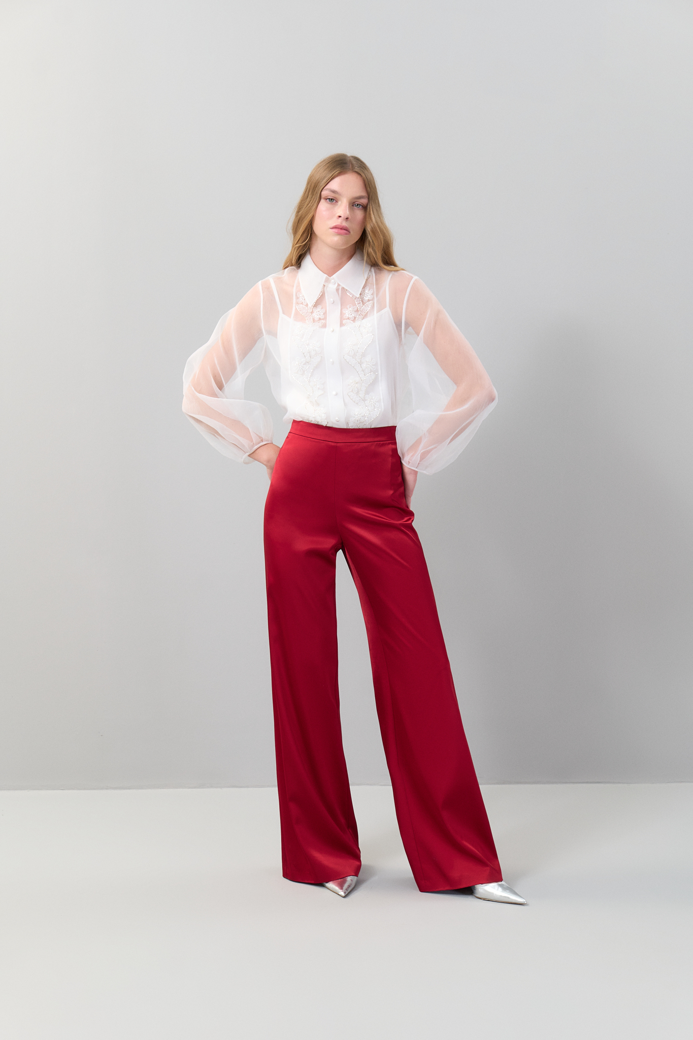 Düz Paça Saten Pantolon Bordo