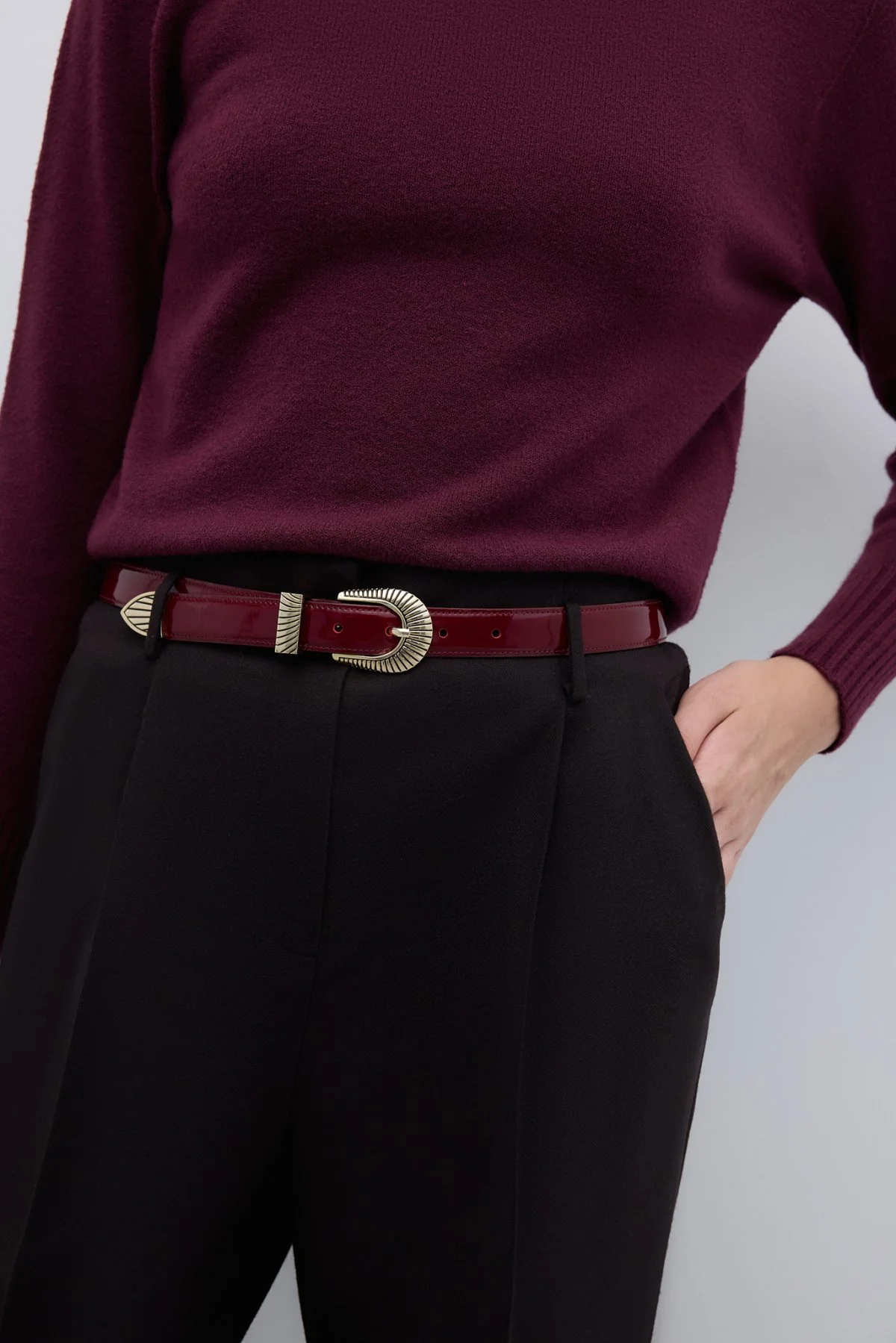 %100 Deri Eskitme Toka Detaylı Kemer Bordo - 1