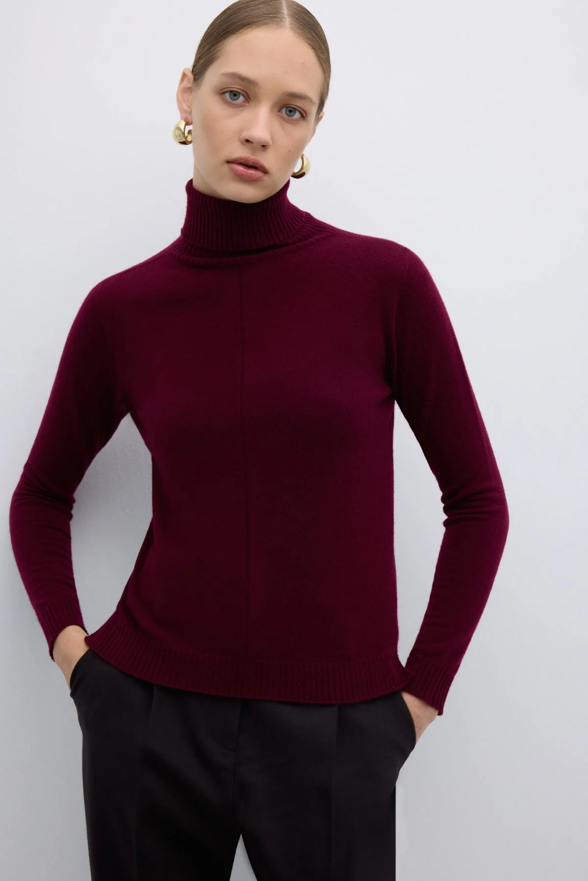 %100 Kaşmir Balıkçı Yaka Triko Bordo - 4