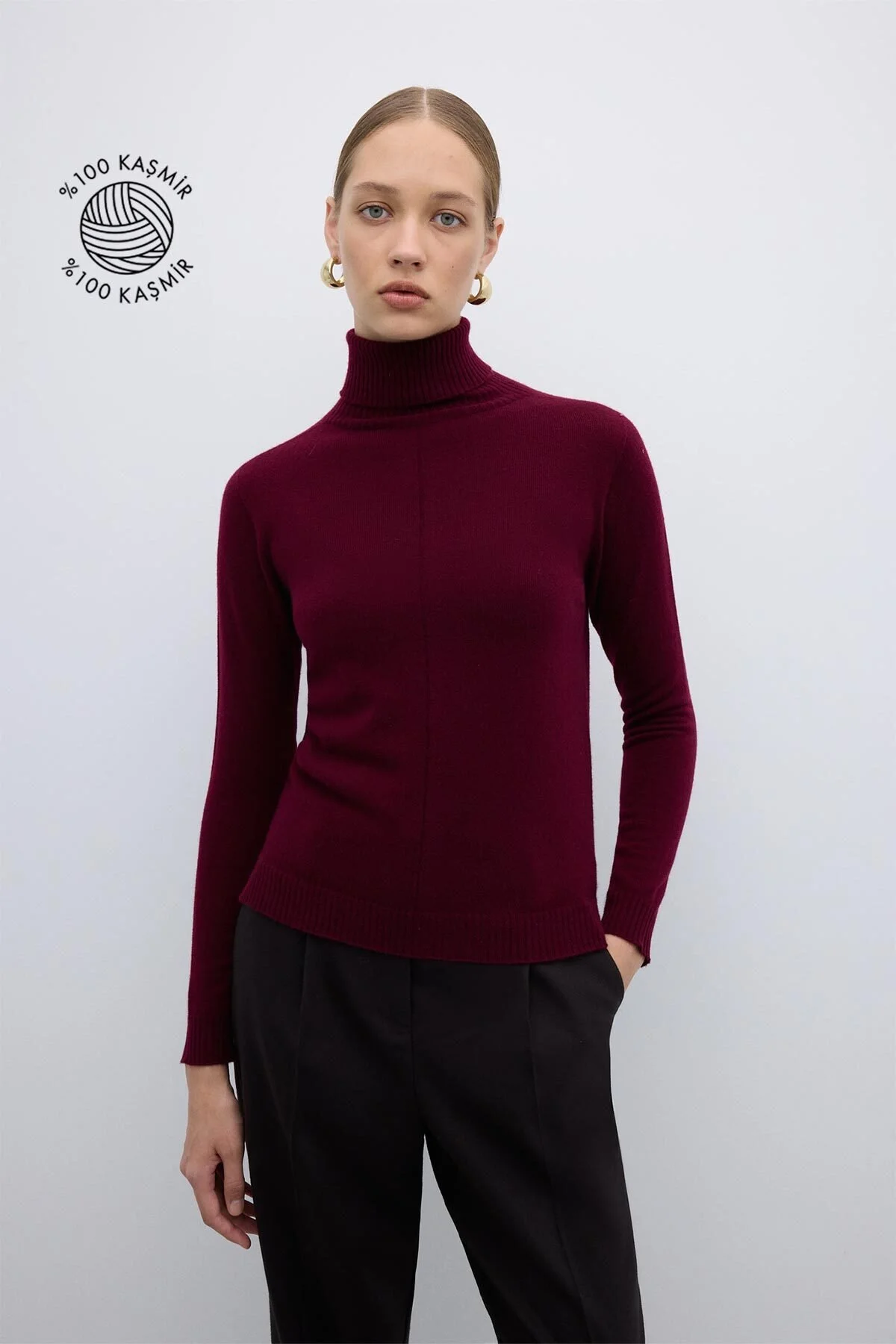 %100 Kaşmir Balıkçı Yaka Triko Bordo - 1