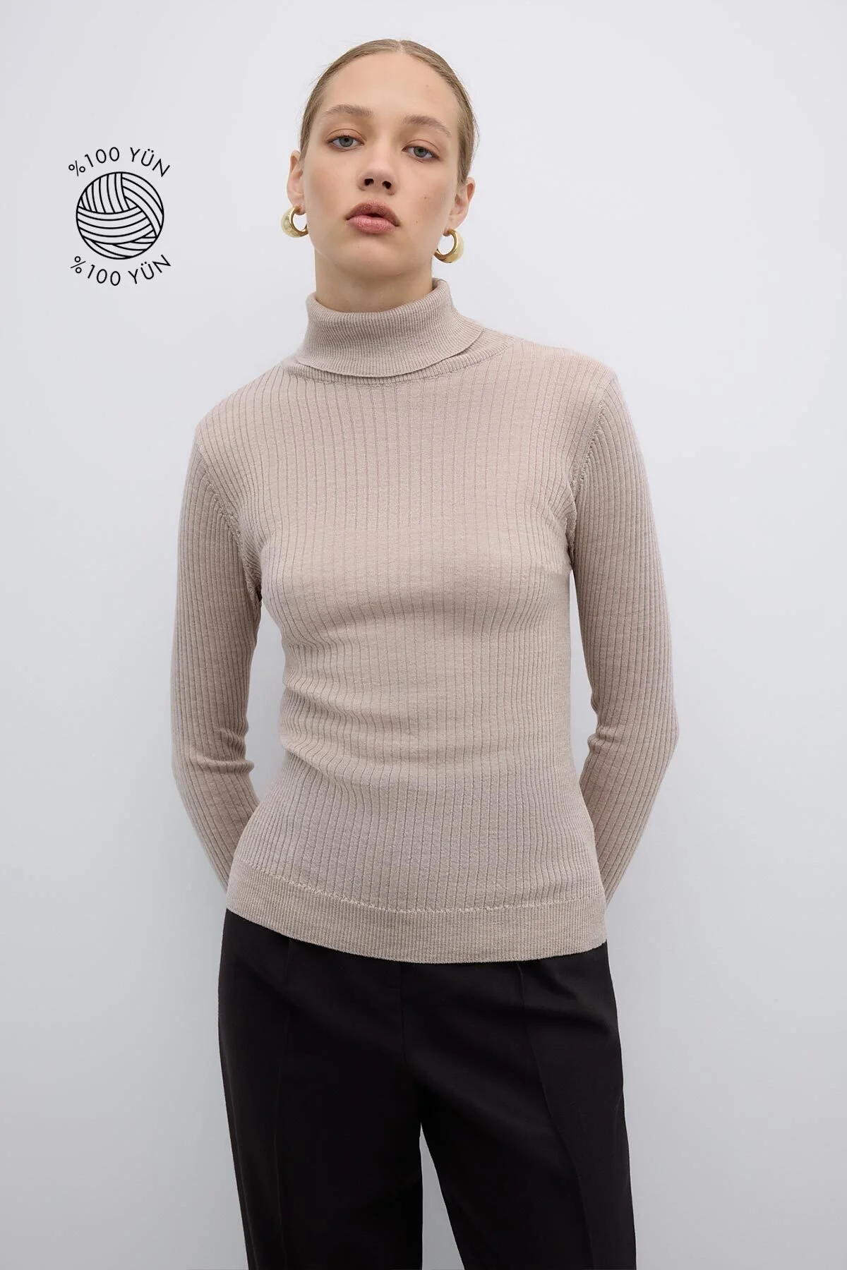 %100 Yün Balıkçı Yaka Triko Bej - 1