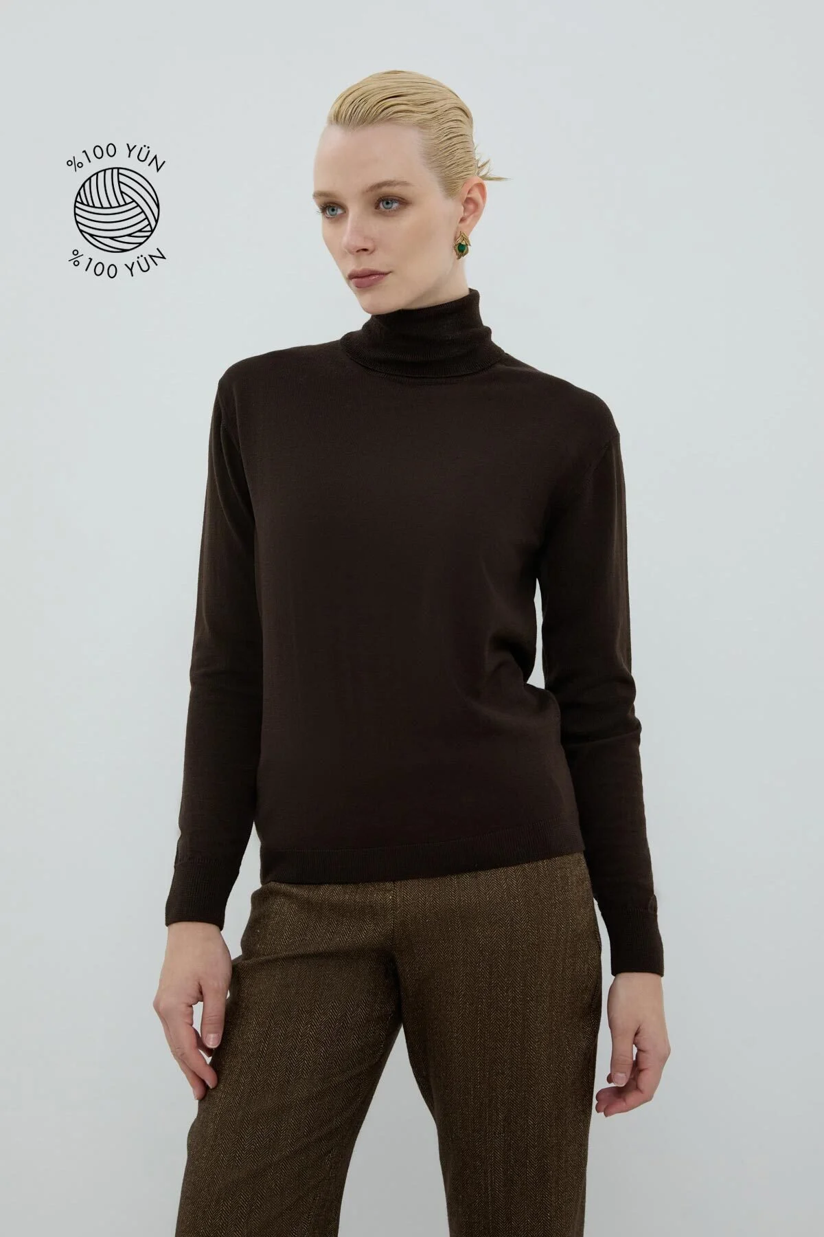 %100 Yün Balıkçı Yaka Triko Kahve - 1