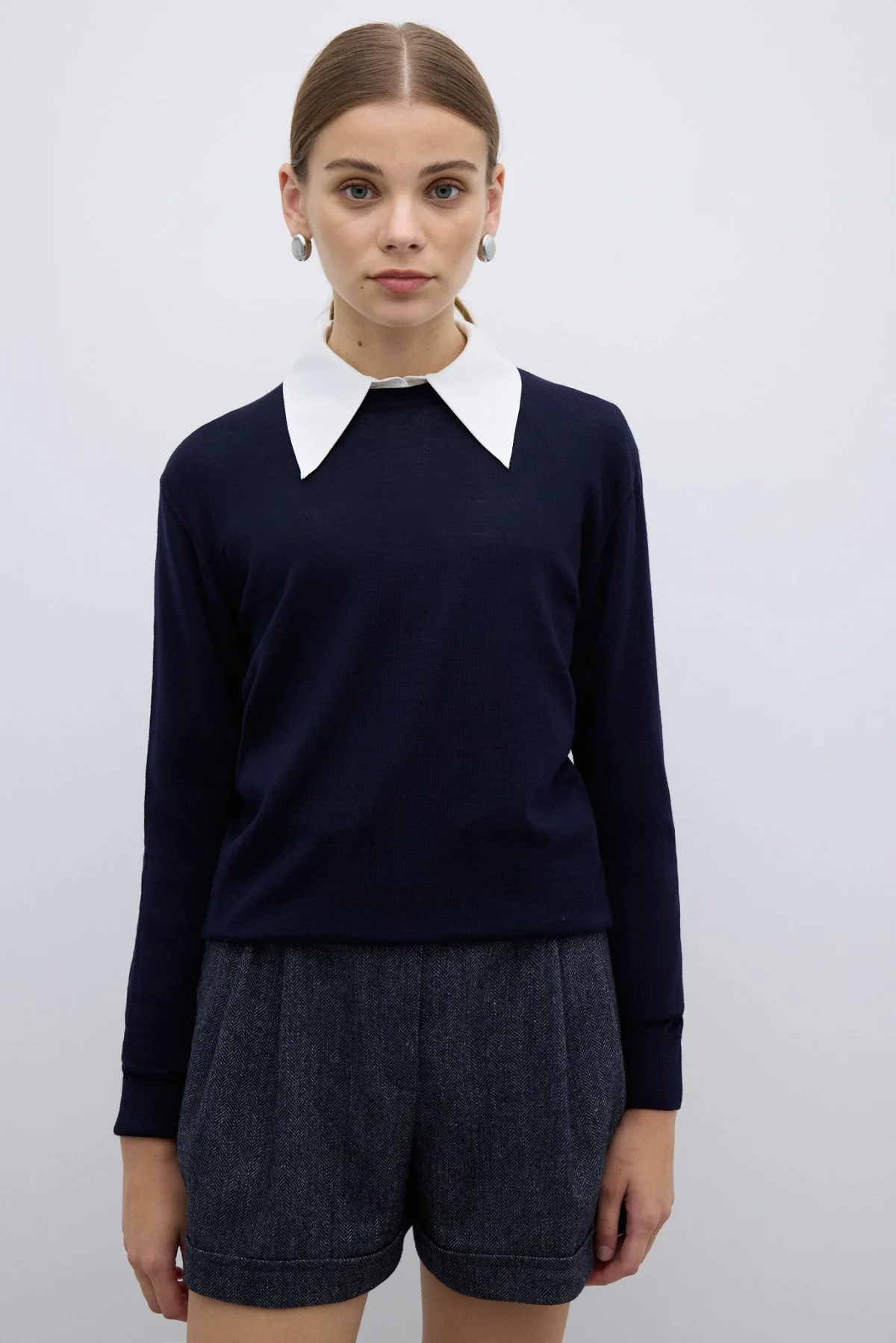 %100 Yün Bisiklet Yaka Triko Lacivert - 1