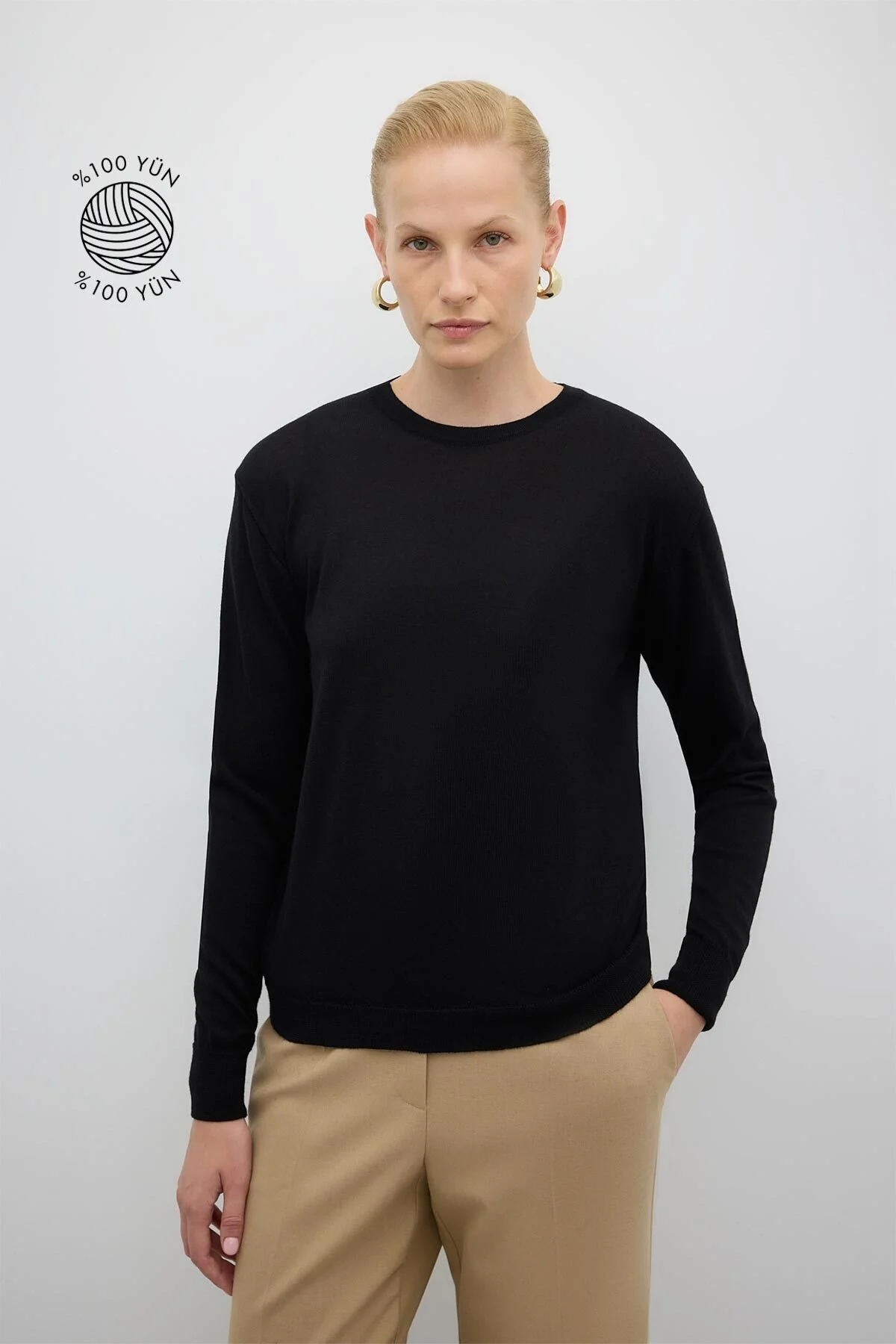 %100 Yün Bisiklet Yaka Triko Siyah - 1