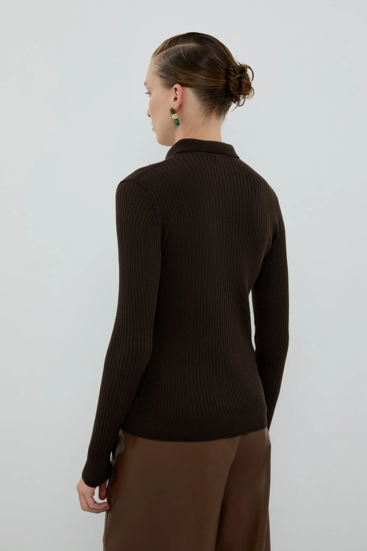 %100 Yün Düğme Detaylı Triko Kahve - 2