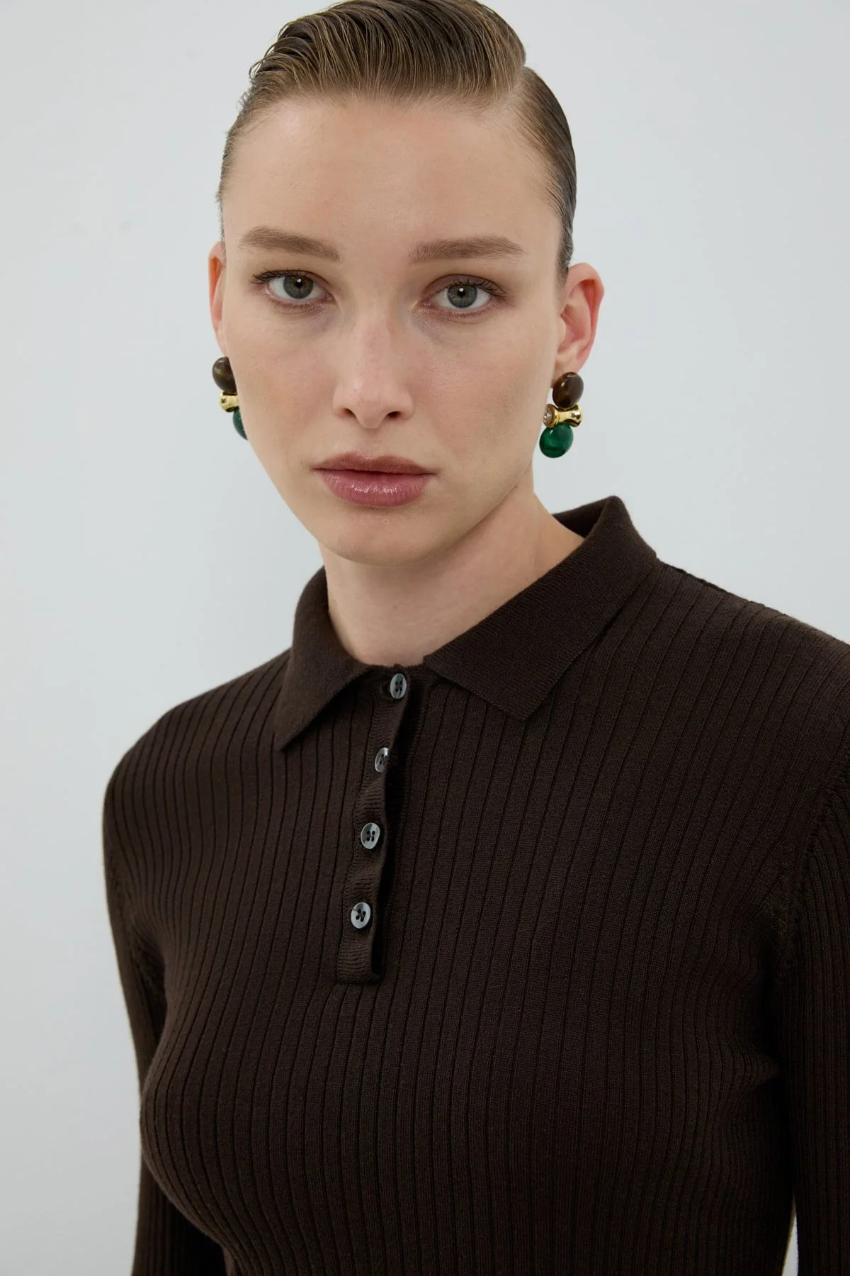 %100 Yün Düğme Detaylı Triko Kahve - 3