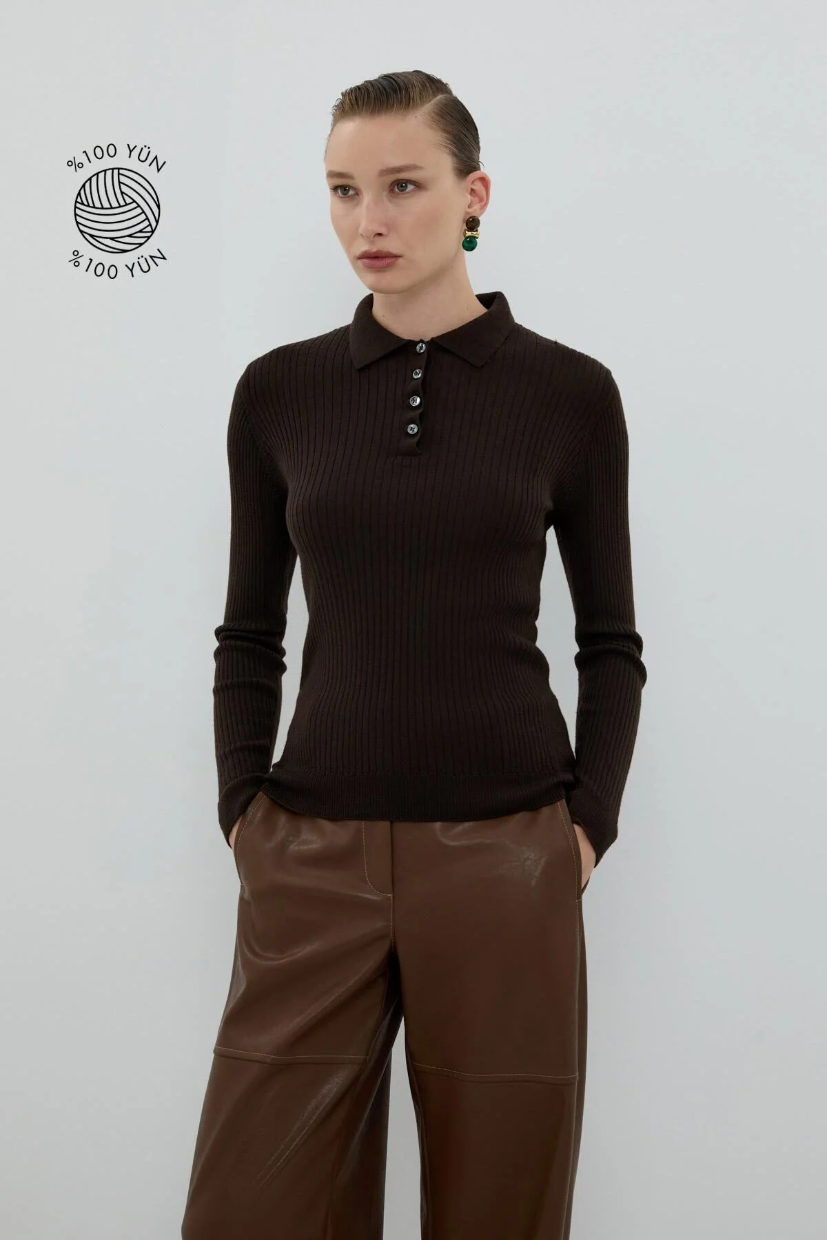 %100 Yün Düğme Detaylı Triko Kahve - 1