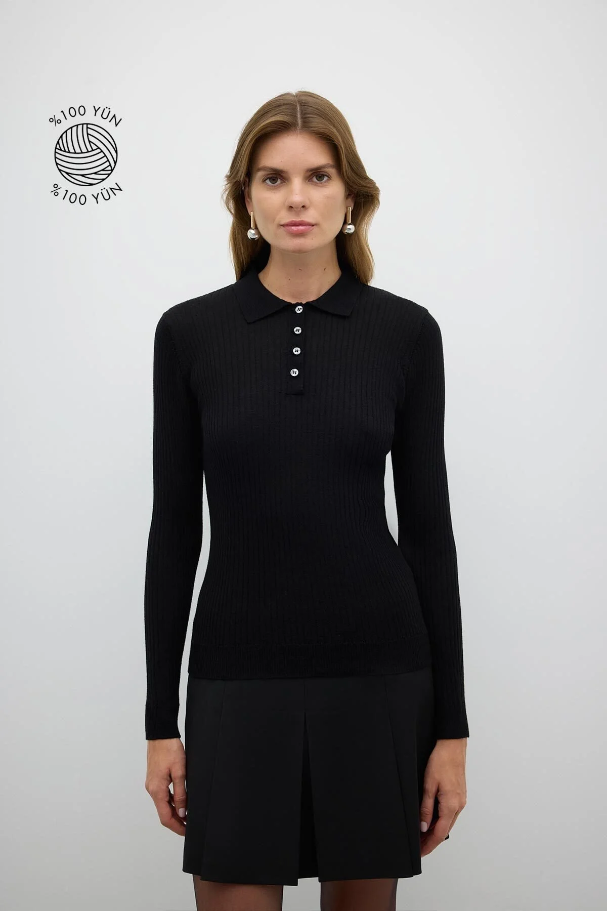%100 Yün Düğme Detaylı Triko Siyah - 1