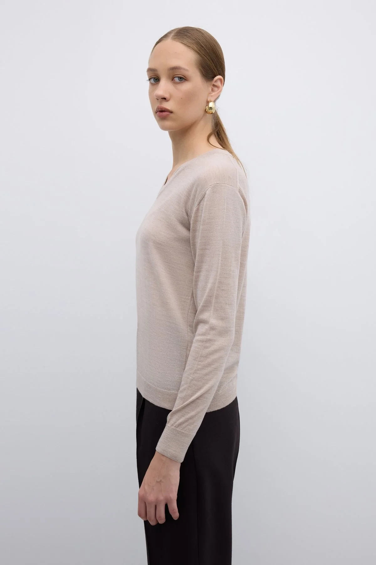 %100 Yün V Yaka Triko Bej - 3