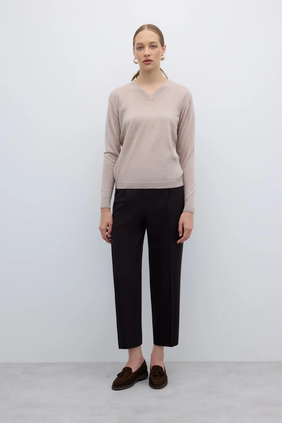 %100 Yün V Yaka Triko Bej - 4