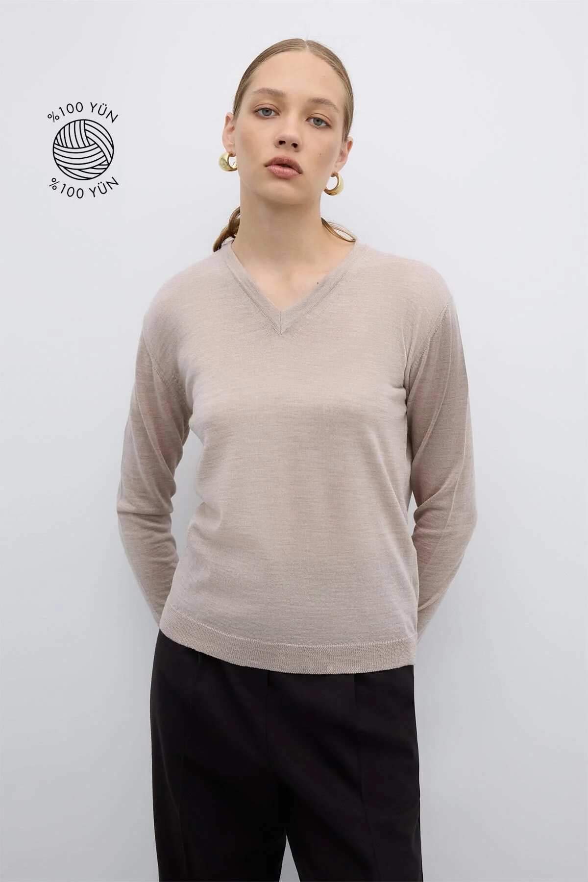 %100 Yün V Yaka Triko Bej - 1