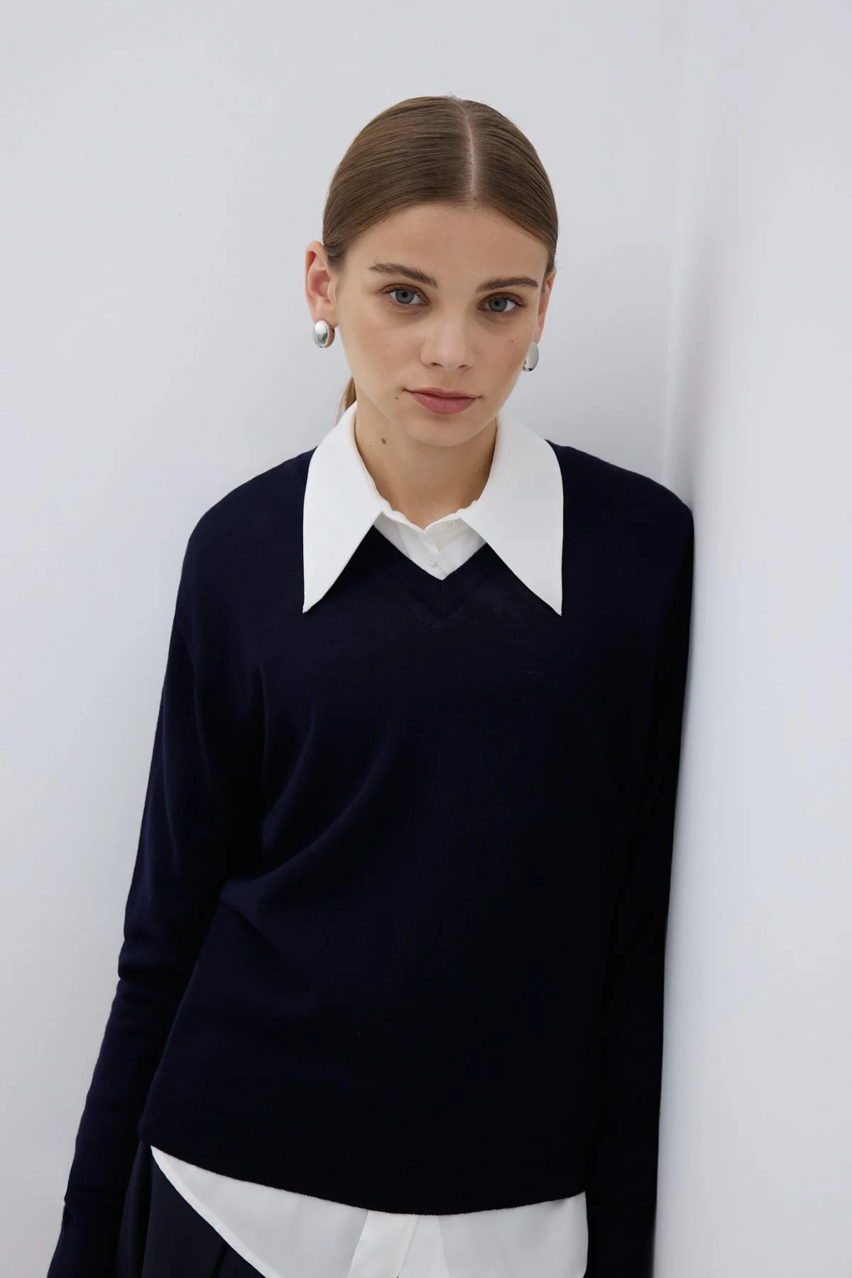 %100 Yün V Yaka Triko Lacivert - 3