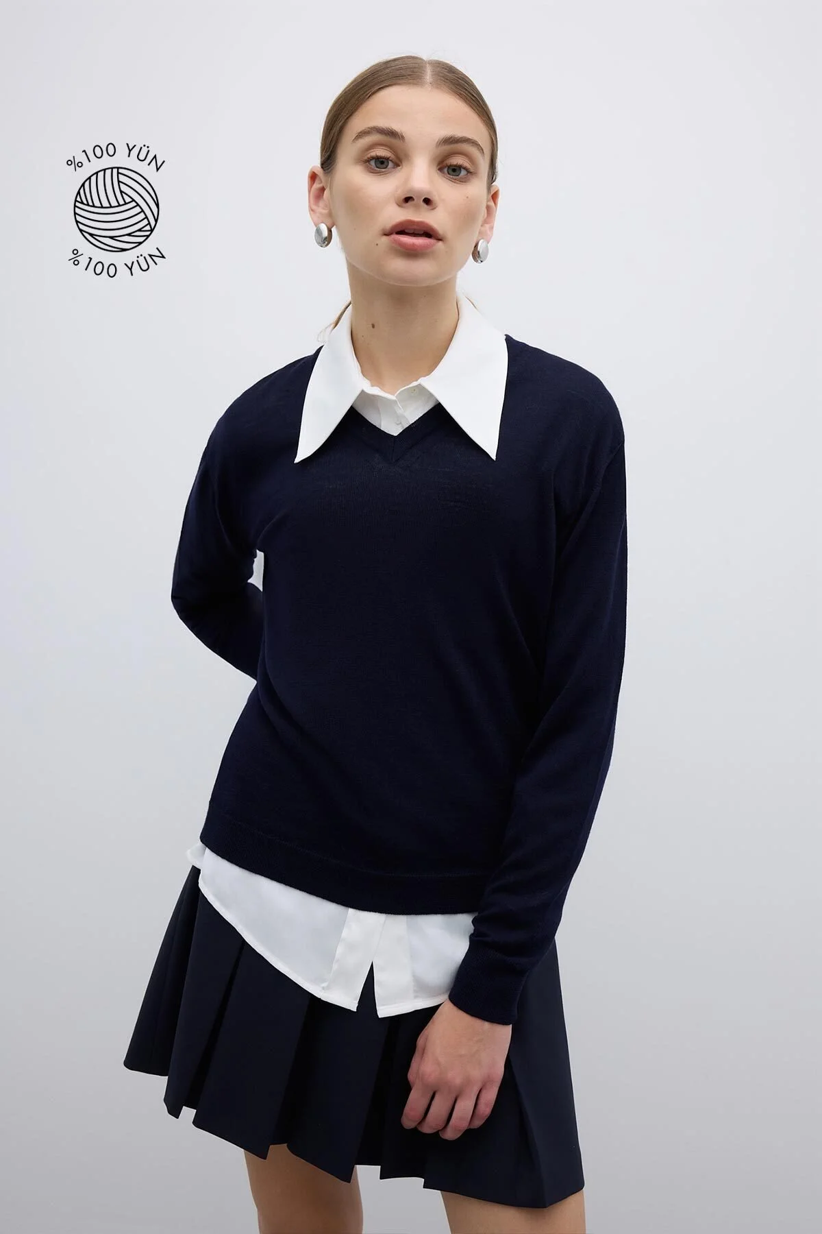 %100 Yün V Yaka Triko Lacivert - 1