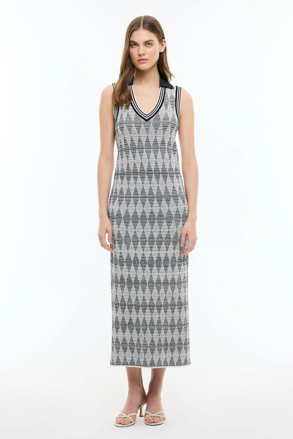 Ajurlu Triko Midi Boy Elbise Siyah-Beyaz - 1