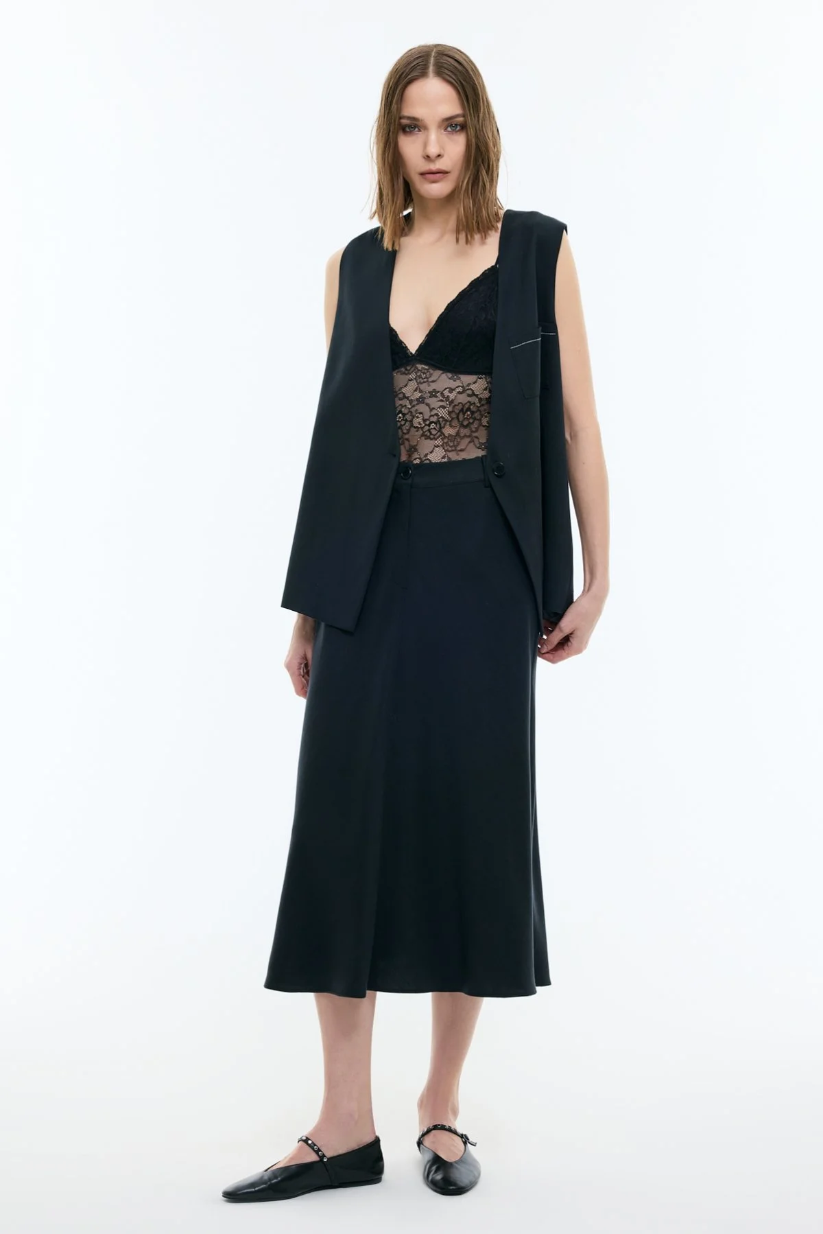 Arka Beli Lastikli Midi Boy Etek Lacivert - 1