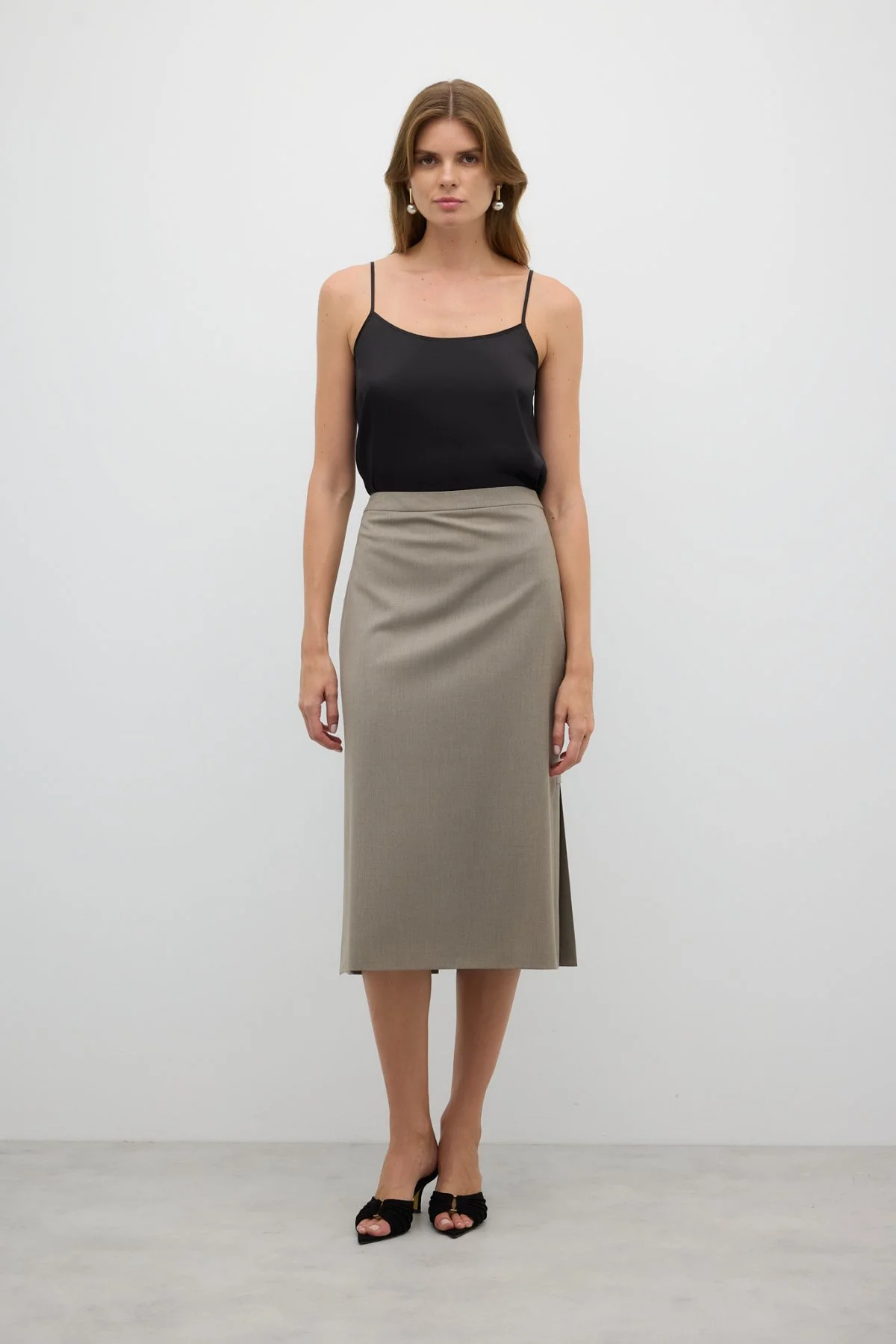 Arkası Pili Detaylı Yün Karışımlı Midi Boy Etek Kum Beji - 1