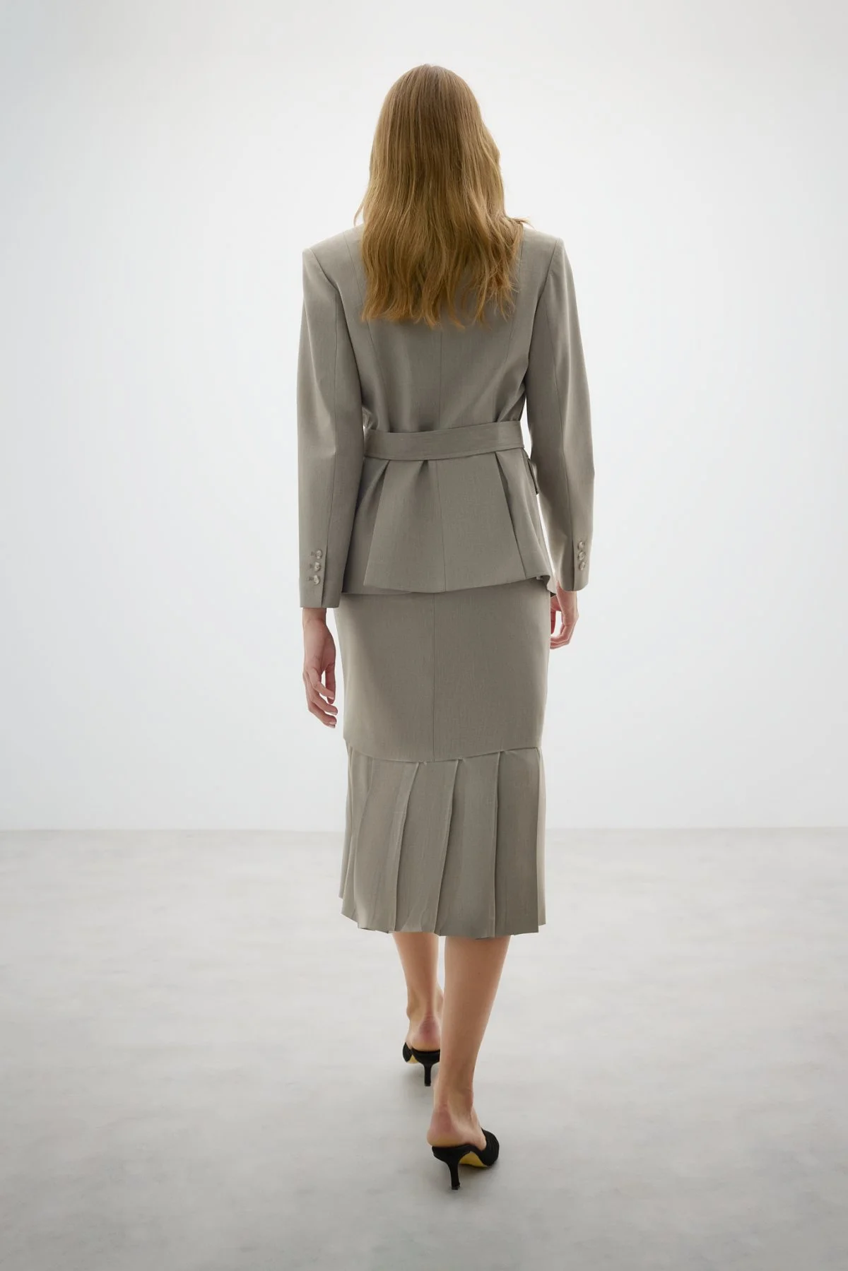 Arkası Pili Detaylı Yün Karışımlı Midi Boy Etek Kum Beji - 5