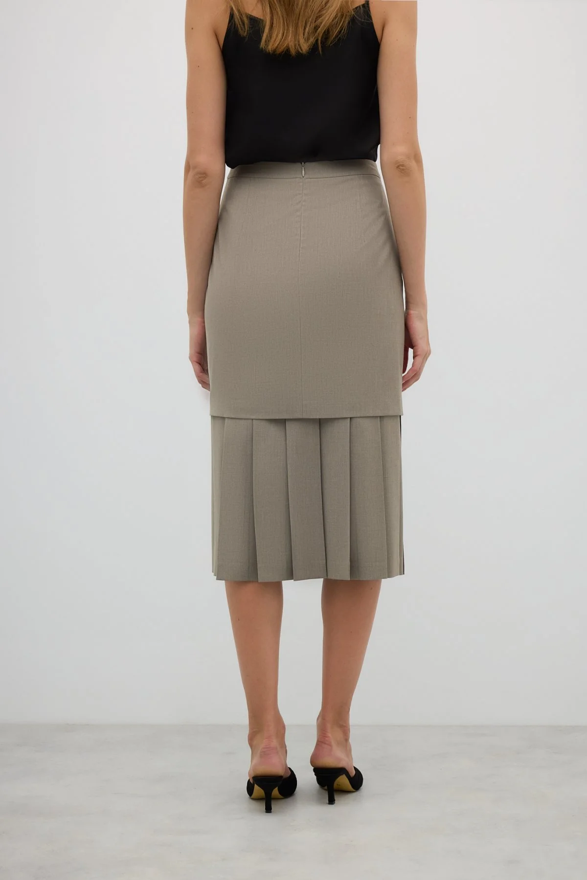 Arkası Pili Detaylı Yün Karışımlı Midi Boy Etek Kum Beji - 2