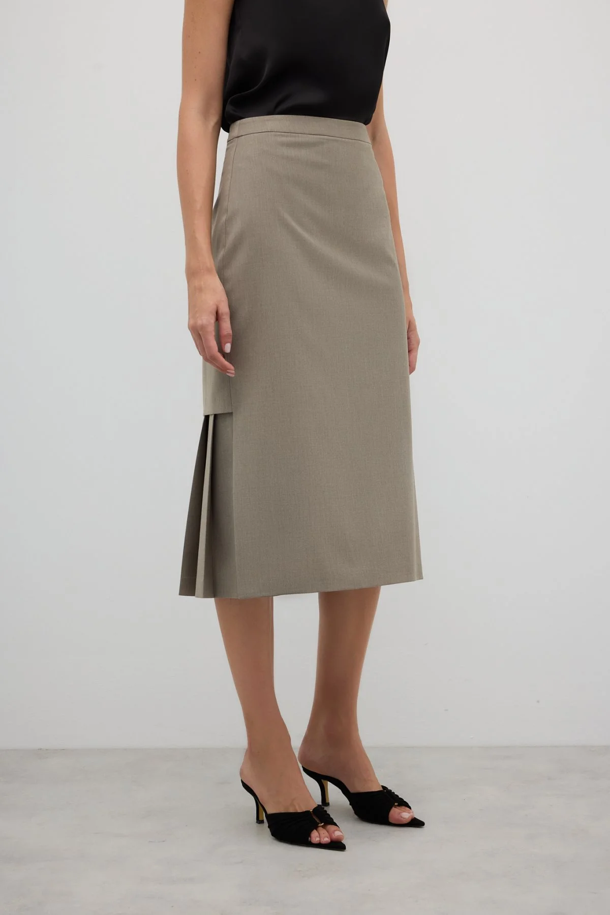 Arkası Pili Detaylı Yün Karışımlı Midi Boy Etek Kum Beji - 3