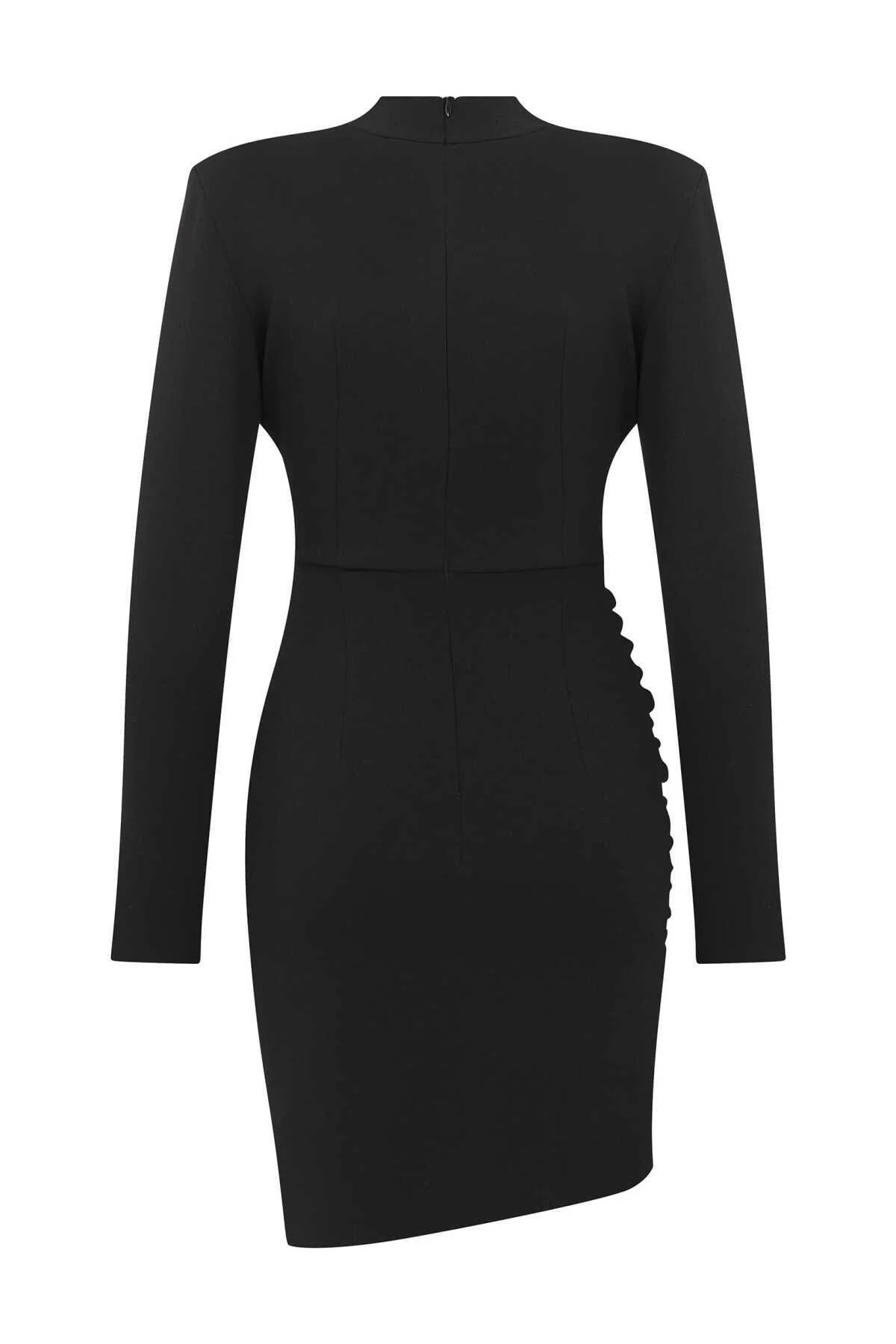  Asimetrik Kesim Mini Elbise Siyah - 5