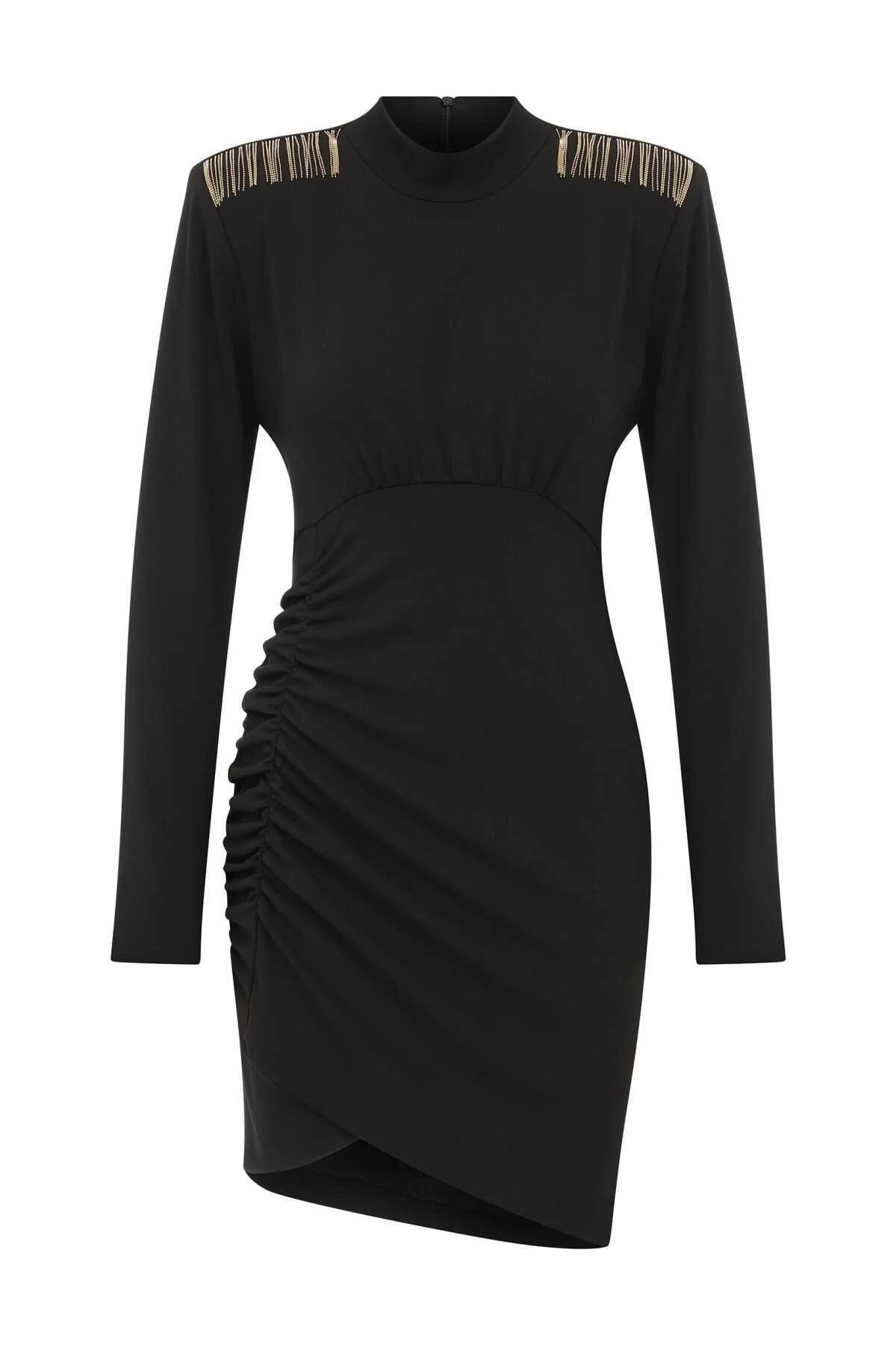  Asimetrik Kesim Mini Elbise Siyah - 4