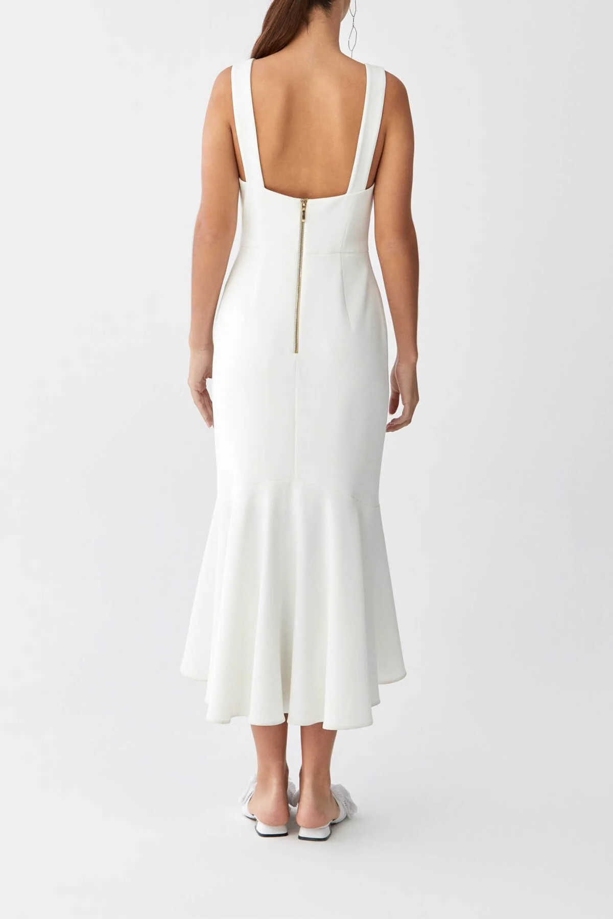 Askılı Gögüs Detaylı Etekleri Volanlı Abiye Elbise Beyaz - 2