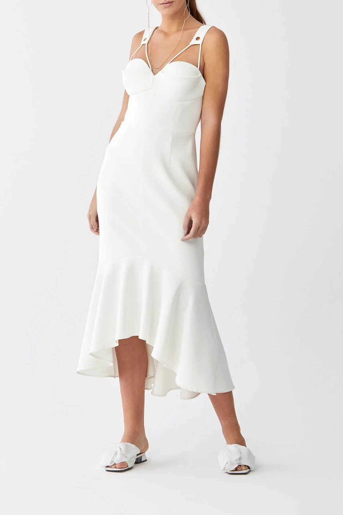 Askılı Gögüs Detaylı Etekleri Volanlı Abiye Elbise Beyaz - 1