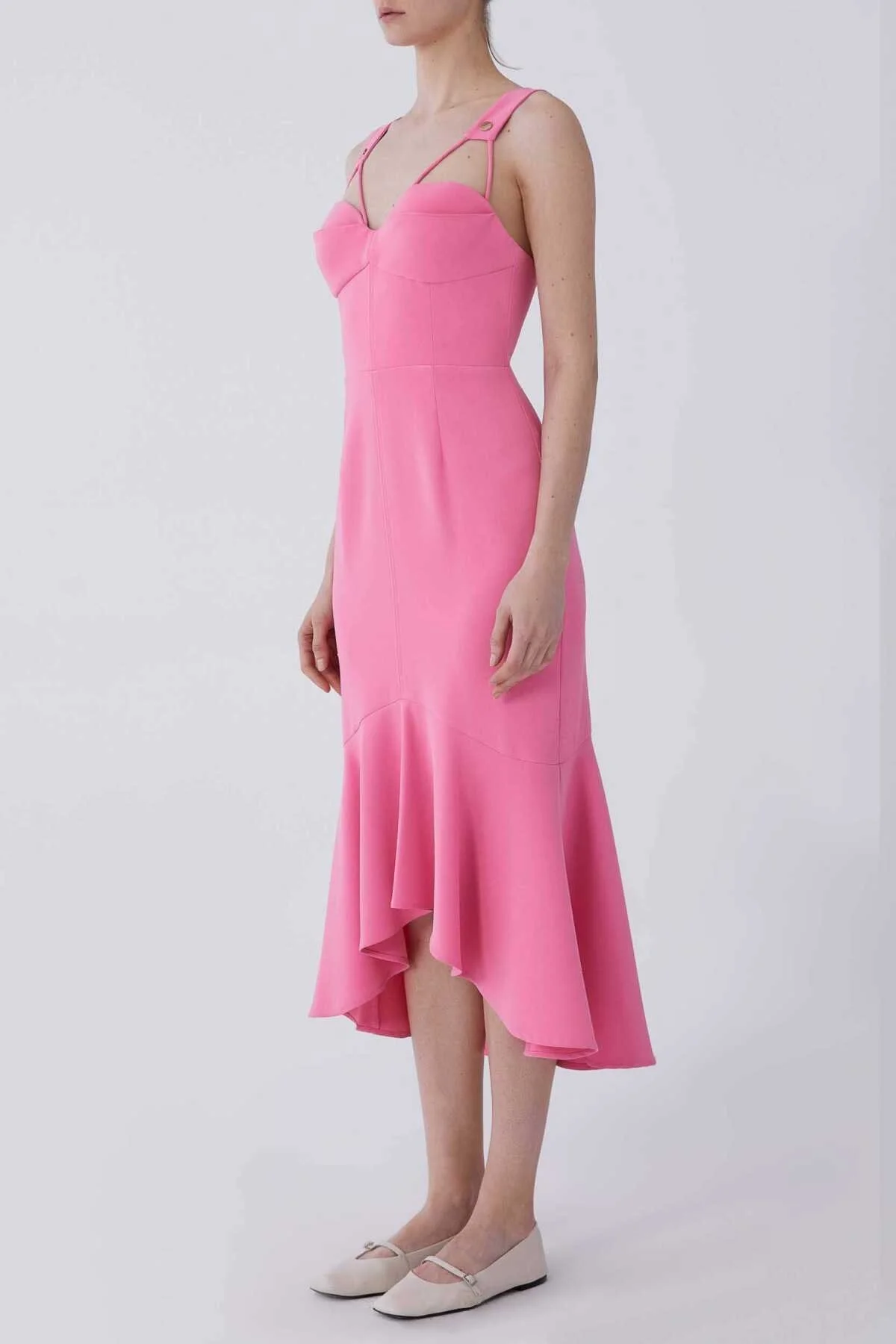 Askılı Gögüs Detaylı Etekleri Volanlı Abiye Elbise Pembe - 3