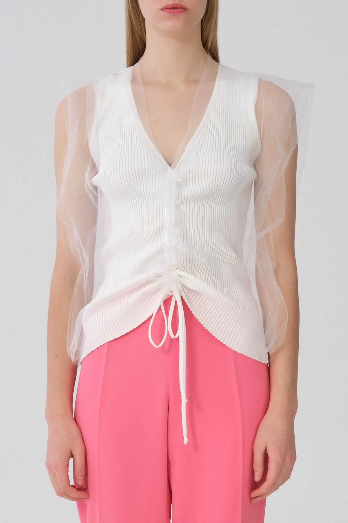 Askılı Önü Büzgülü Tül Detaylı Triko Ekru - 1