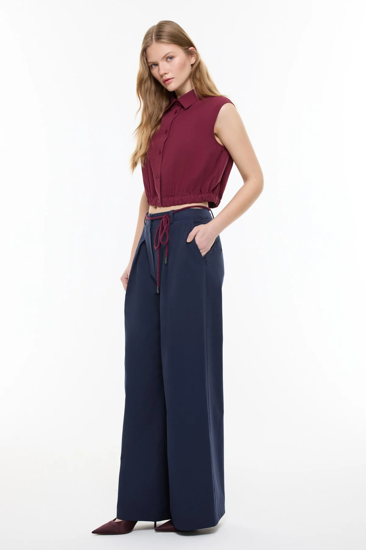 Bağcık Detaylı Pileli Geniş Paça Pantolon Lacivert - 3