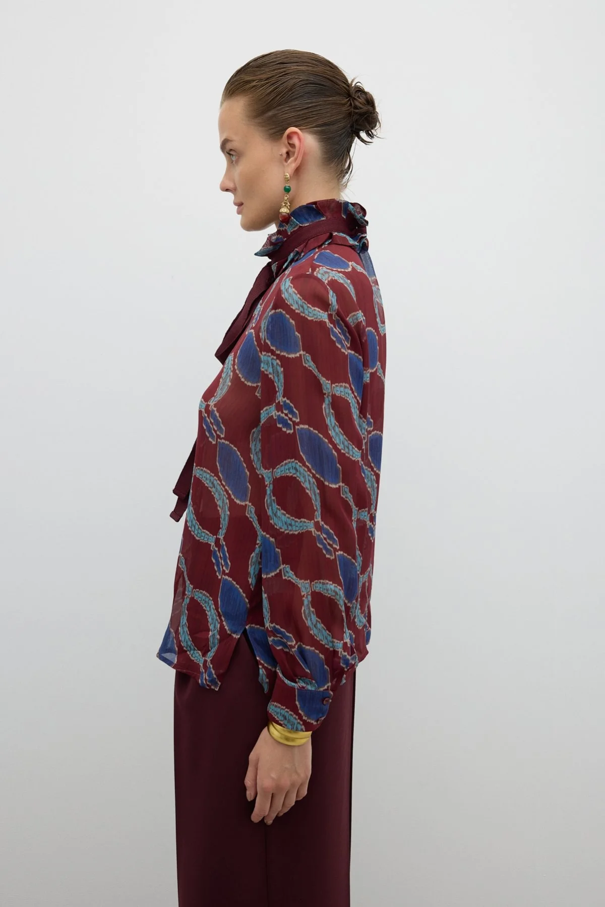 Bağcıklı Fırfır Yakalı Bluz Bordo-Lacivert - 3
