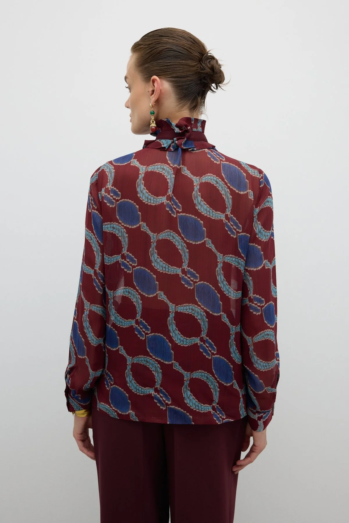Bağcıklı Fırfır Yakalı Bluz Bordo-Lacivert - 2