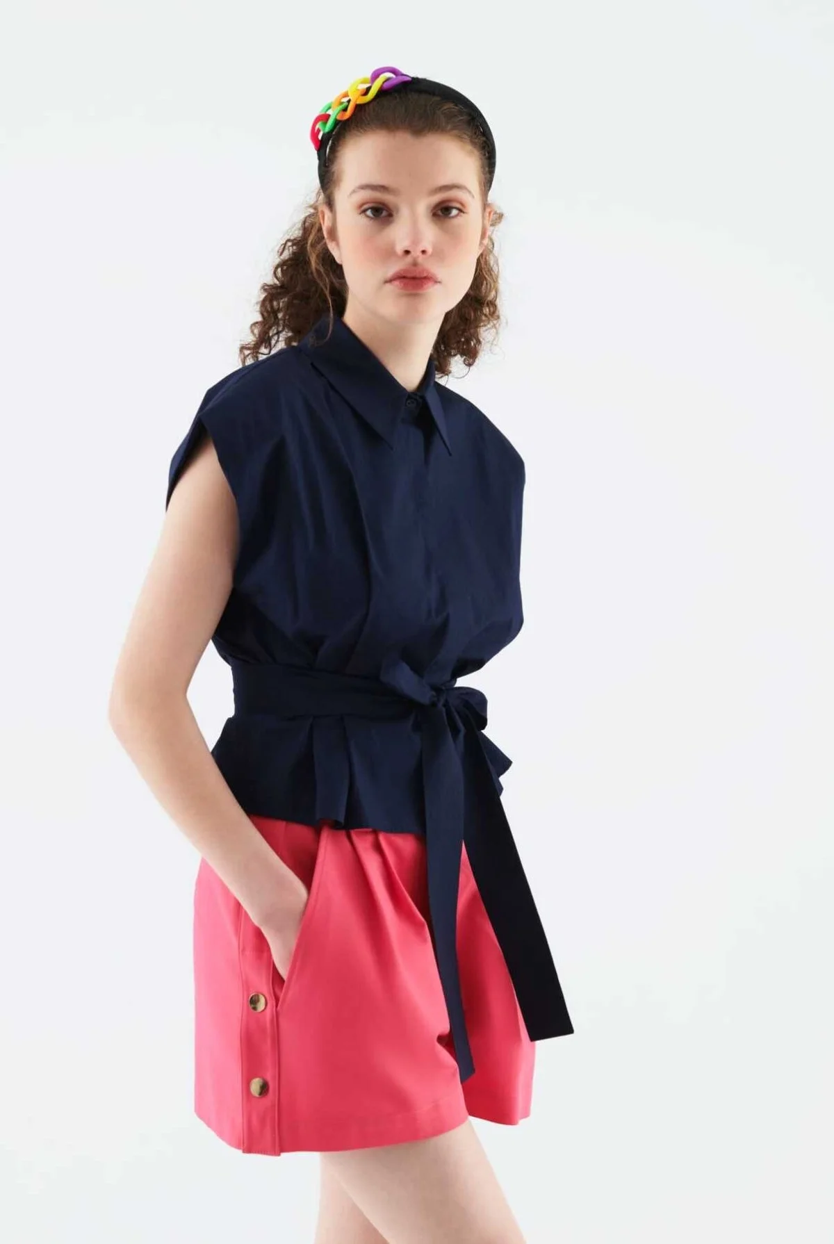 Bağlamalı Kolsuz Kadın Gömlek Lacivert - 1