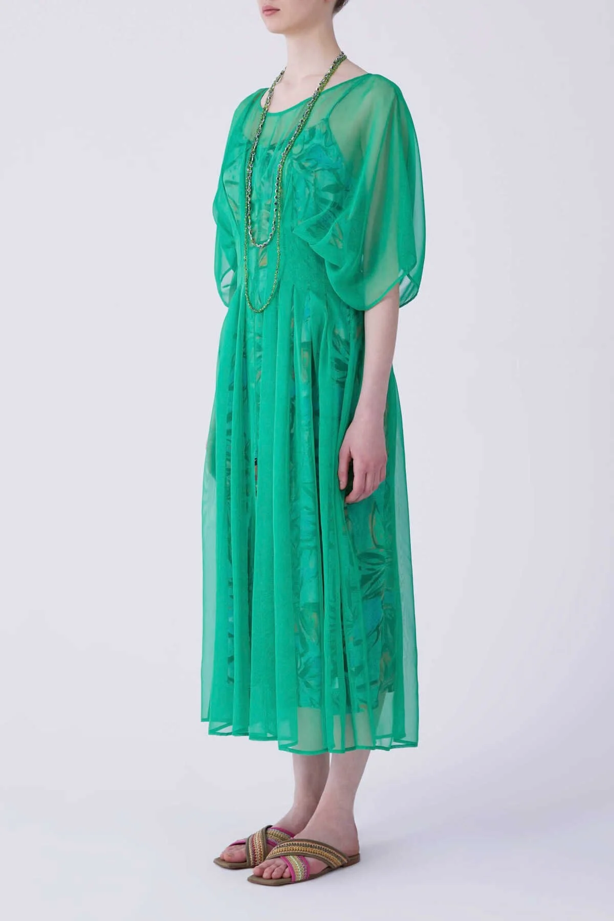 Balon Kol Organze Uzun Elbise Yeşil - 3