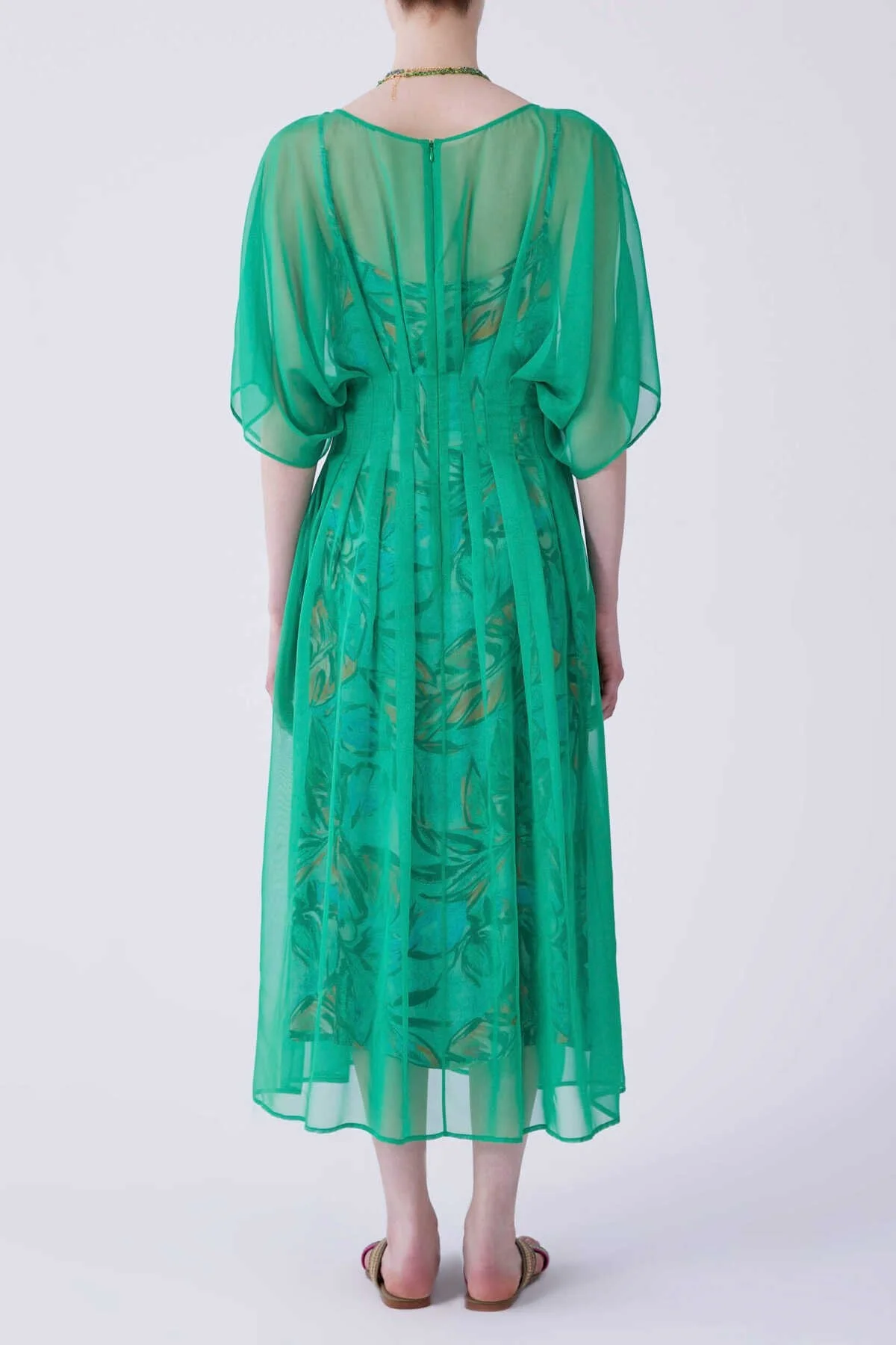 Balon Kol Organze Uzun Elbise Yeşil - 2