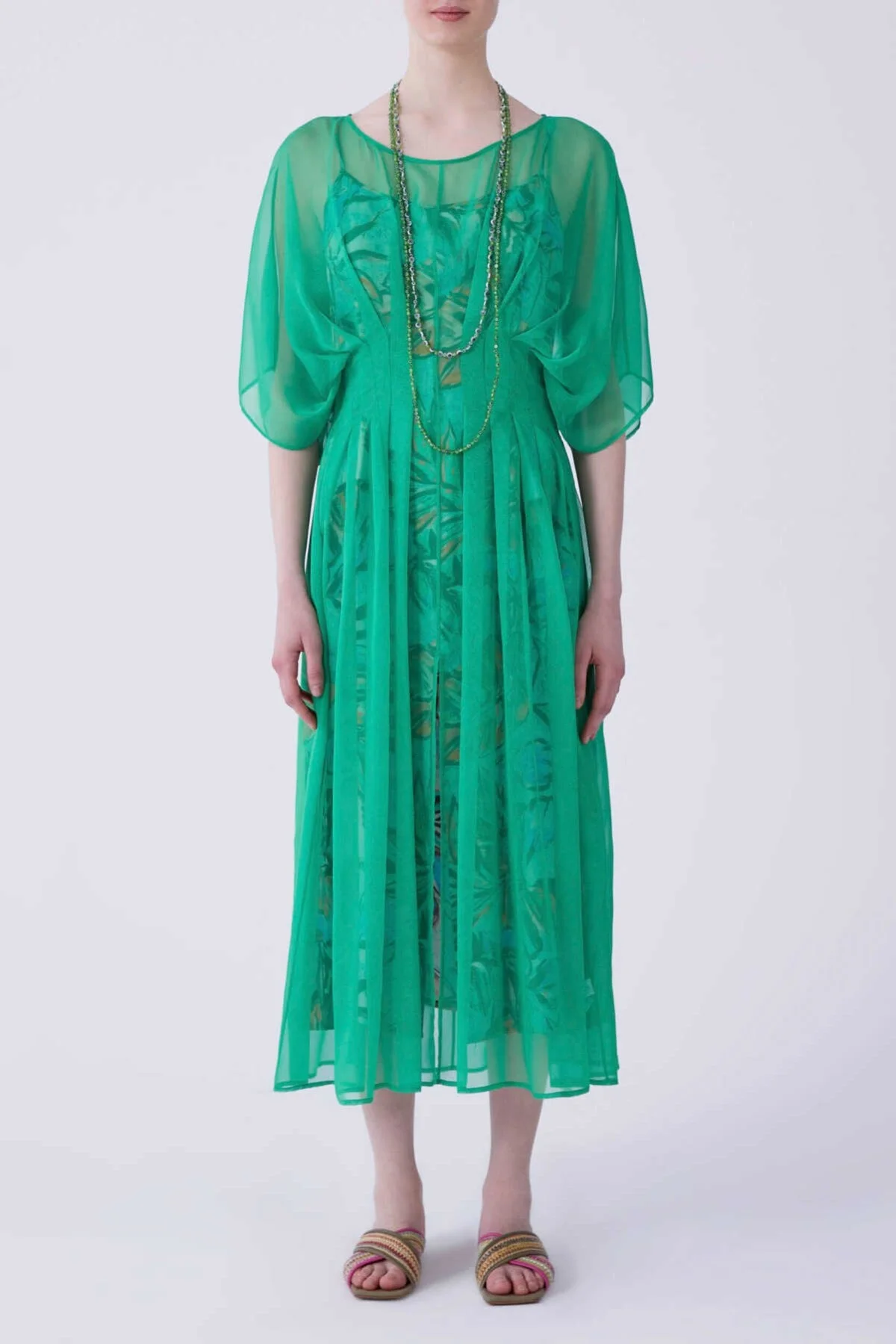 Balon Kol Organze Uzun Elbise Yeşil - 1