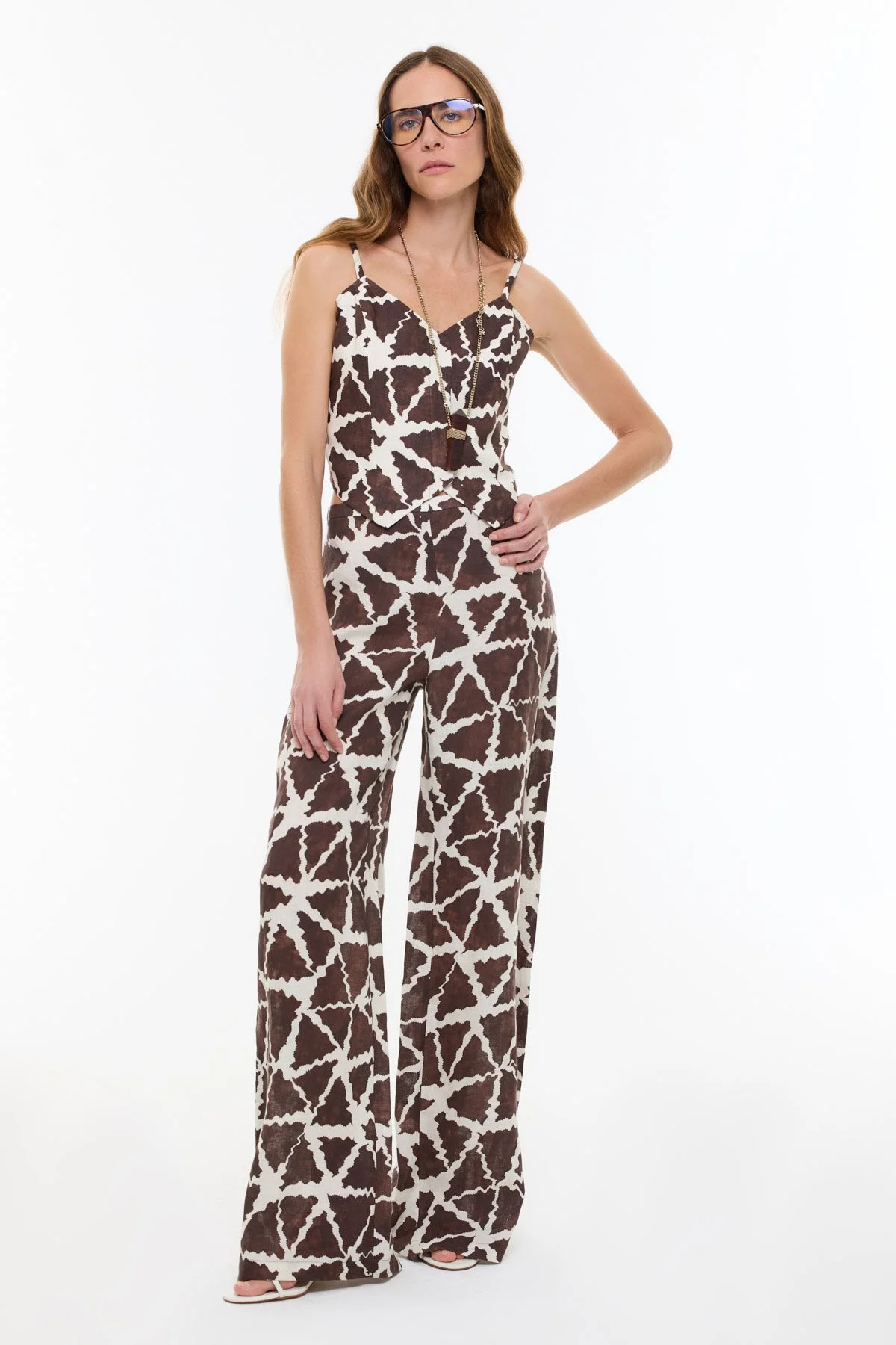 Baskı Detaylı Geniş Paça Pantolon Kahve-Bej - 3