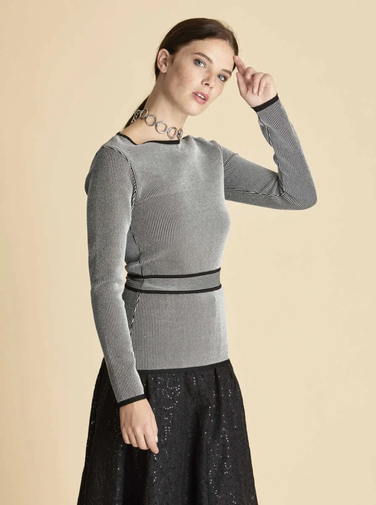  Bel Detaylı Çizgi Desenli Triko Standart Renk - 1