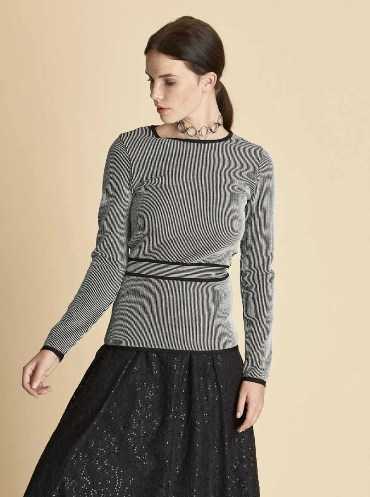  Bel Detaylı Çizgi Desenli Triko Standart Renk - 3