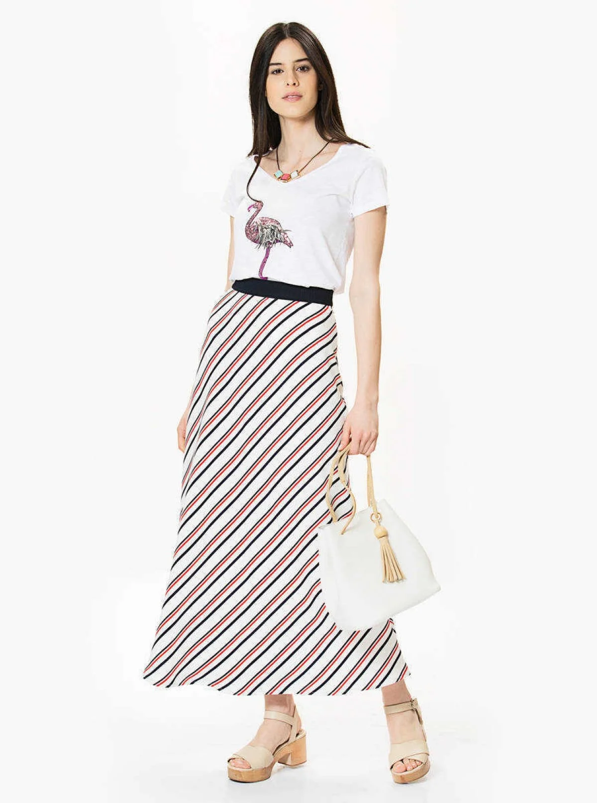 Bel Detaylı Çizgili Renkli Uzun Etek Orginal - 1