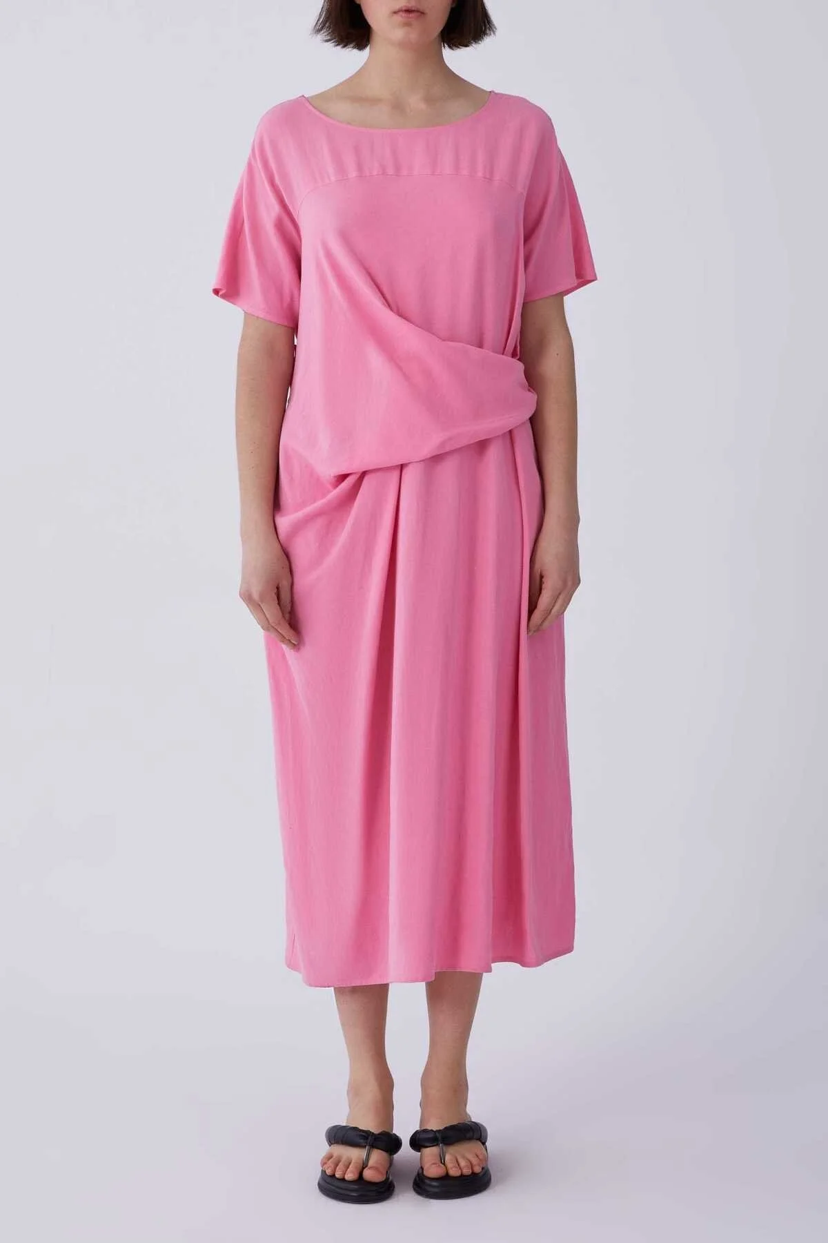 Bel Detaylı Midi Elbise Pembe - 1