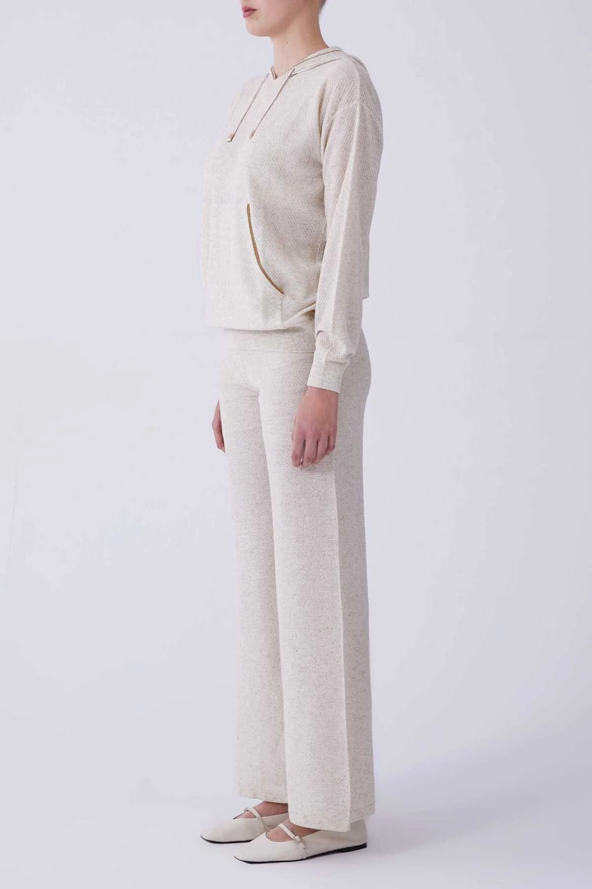 Belden Bağcıklı Dokulu Naturel Triko Pantolon Naturel - 3