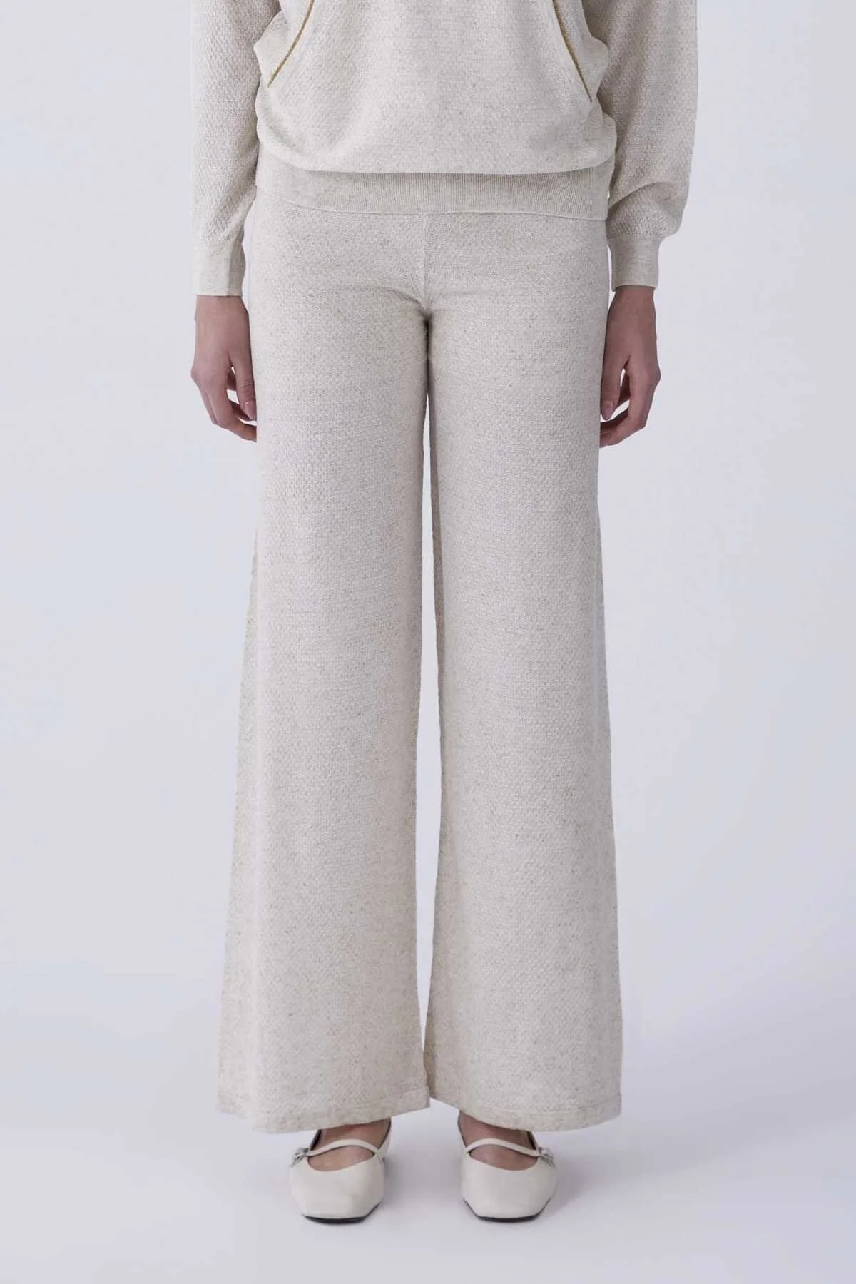 Belden Bağcıklı Dokulu Naturel Triko Pantolon Naturel - 1