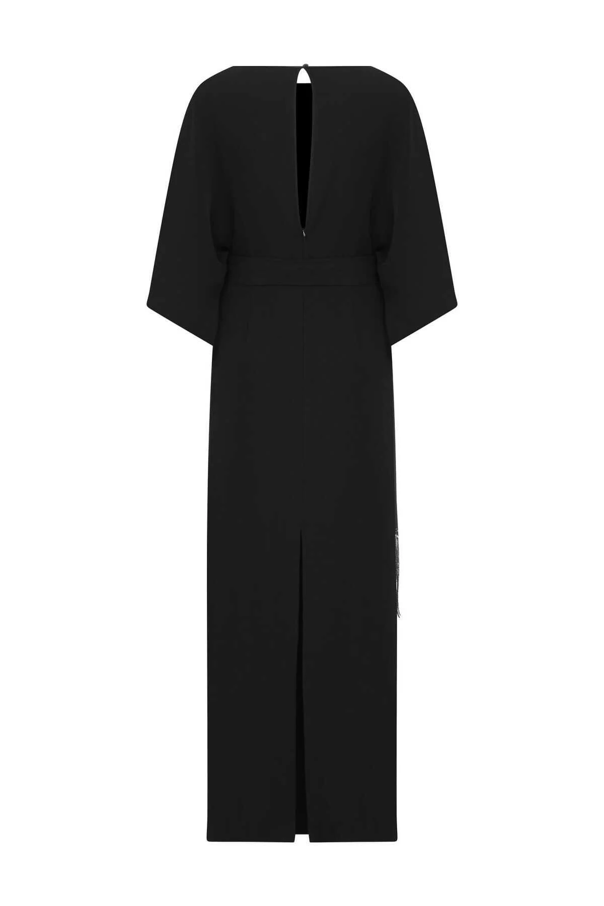  Belden Bağlamalı Abiye Elbise Siyah - 5