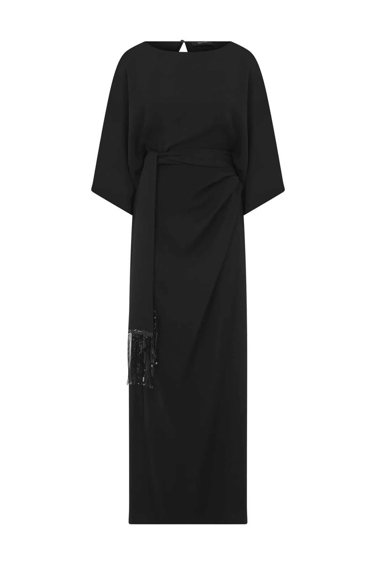  Belden Bağlamalı Abiye Elbise Siyah - 4