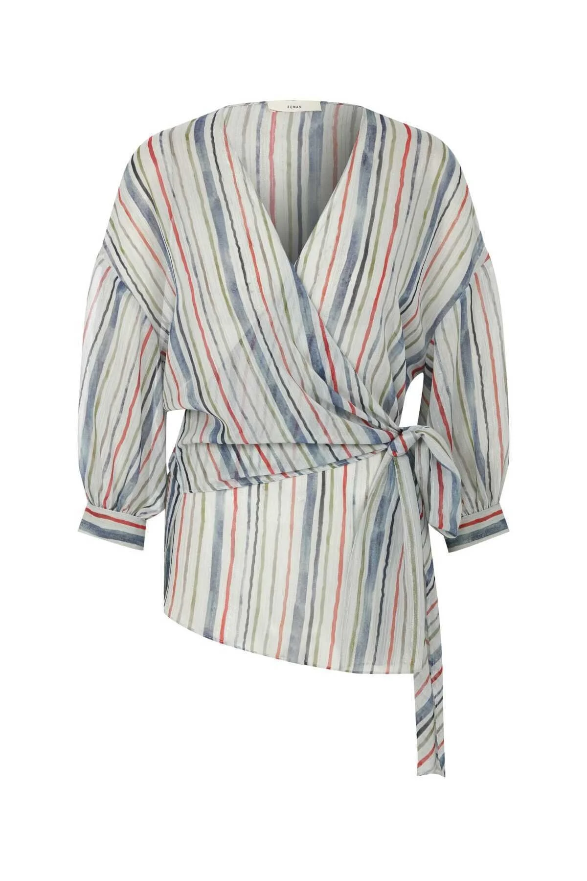 Belden Bağlamalı Çizgi Desenli Bluz Standart Renk - 4