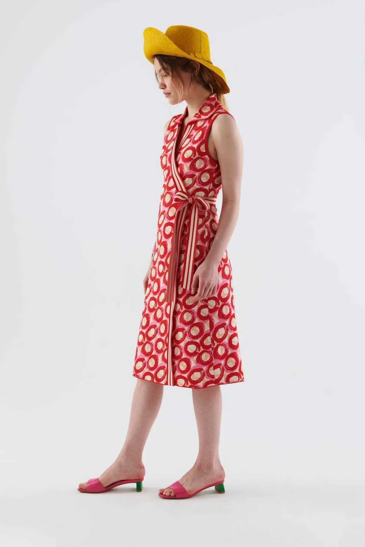 Belden Bağlamalı Desenli Triko Elbise Standart Renk - 3