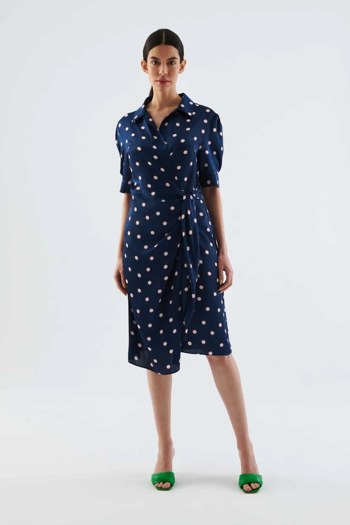 Belden Bağlamalı Puantiyeli Elbise Standart Renk - 1