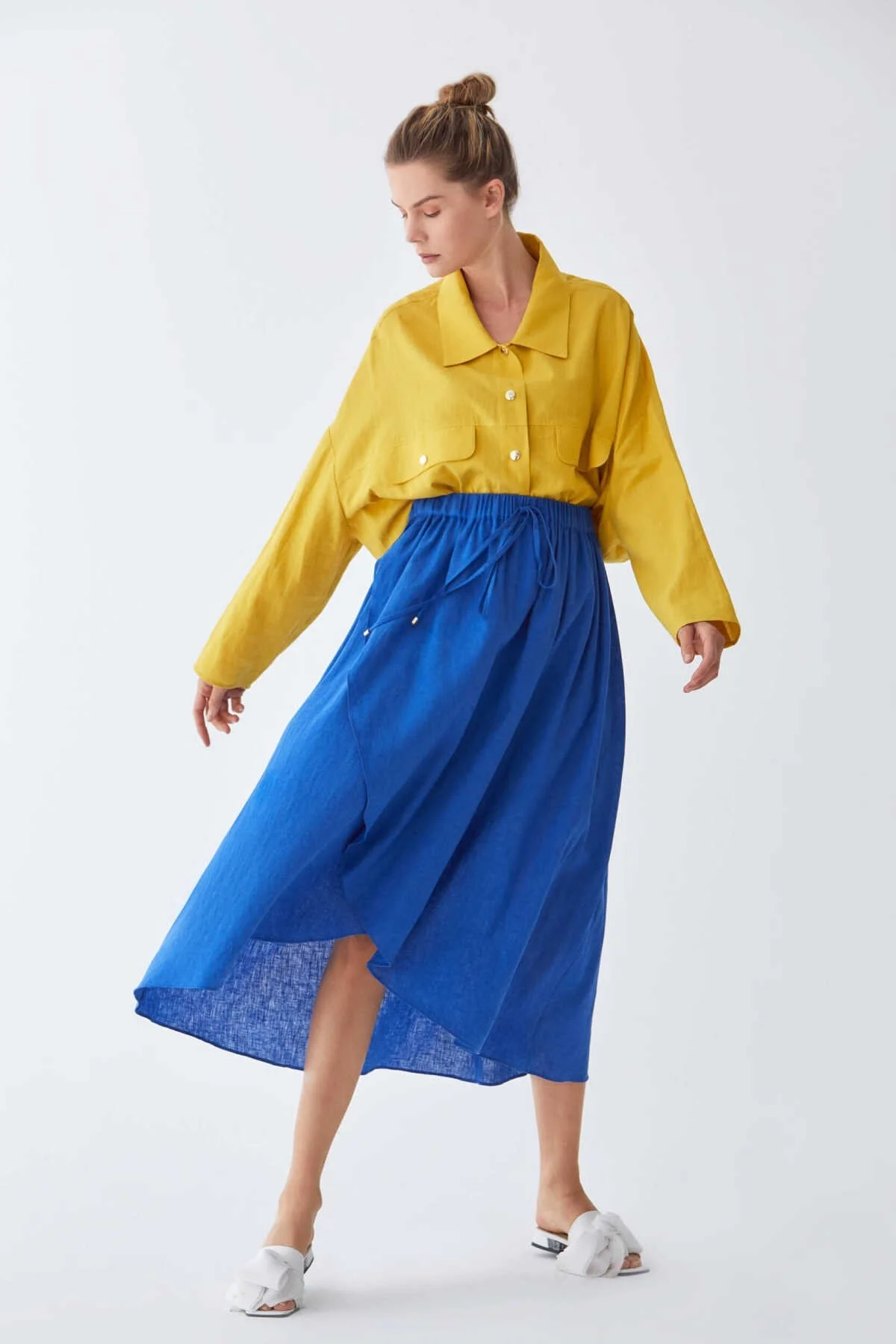 Belden Büzgülü Uzun Etek Saks - 4